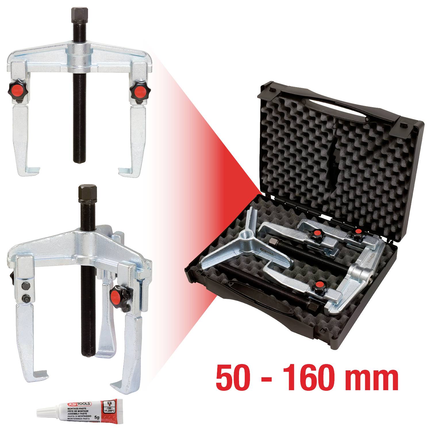 Zwei Abzieher mit verstellbarer Öffnung von 50 bis 160 mm, dargestellt mit einem robusten Koffer und einem roten Farbverlaufshintergrund.