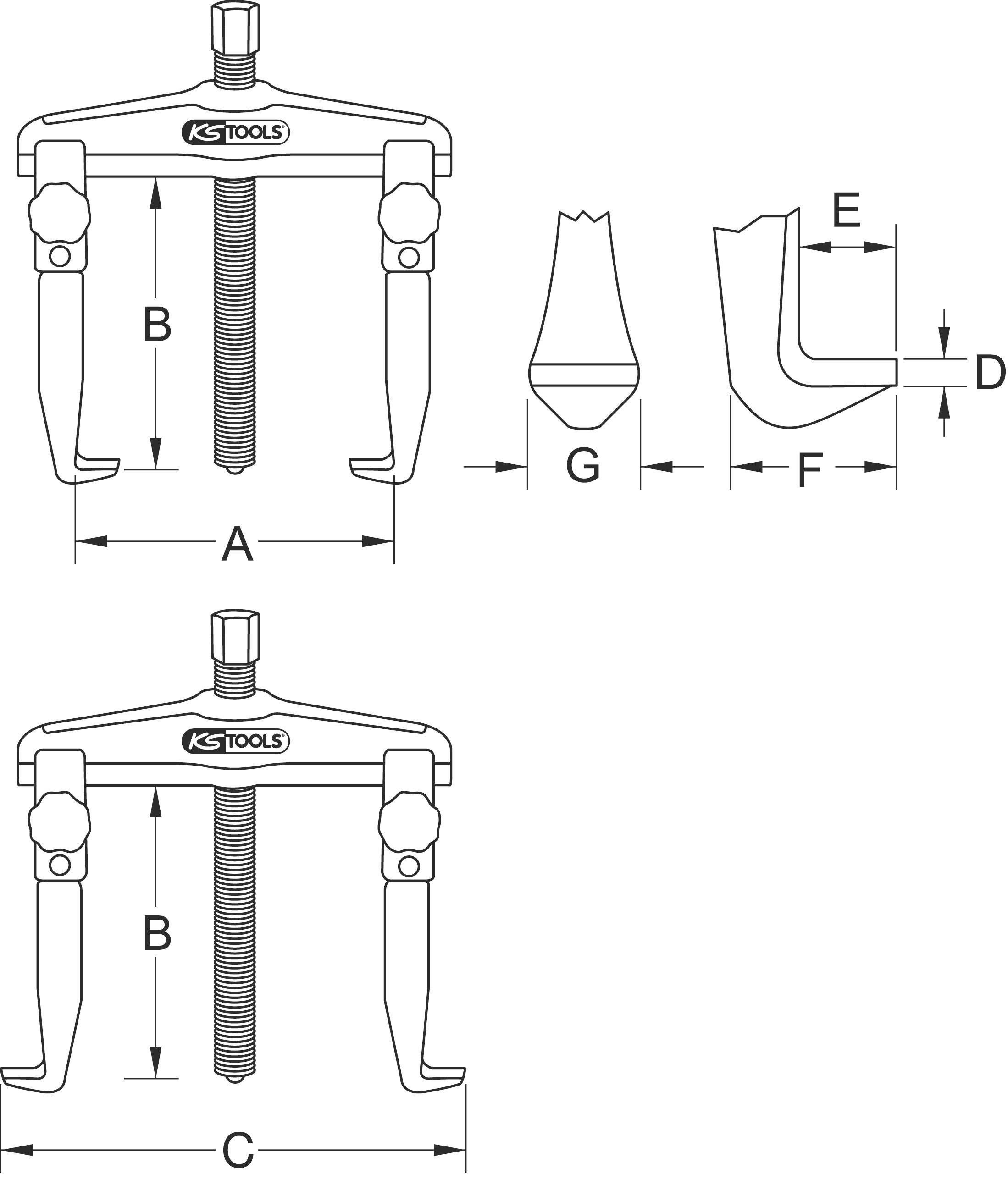 Zwei Abzieher in schematischer Darstellung mit technischen Details wie Maße A, B, C, D, E, F, und G. Label 'KS Tools'.
