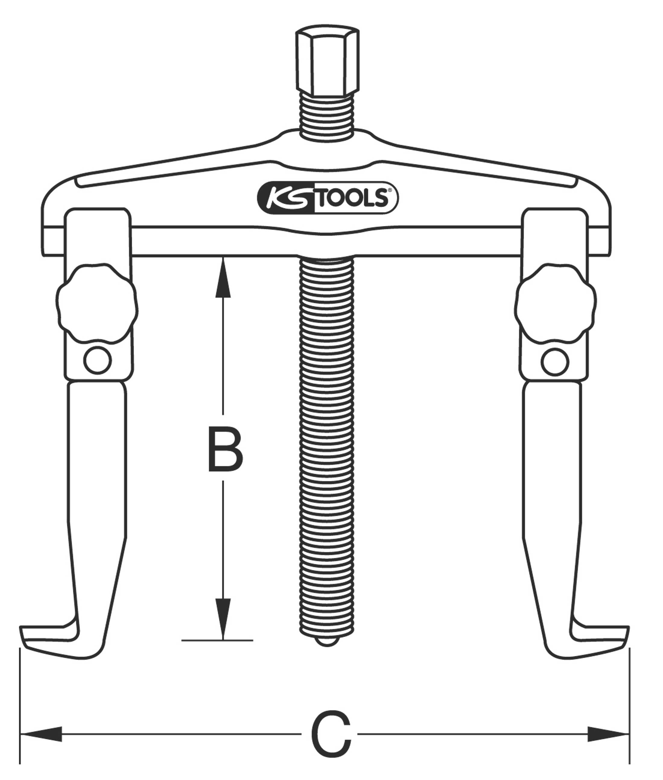 Zweibeiniger Abzieher von KS Tools mit Schraubmechanismus, zur Entfernung von Lagern oder Zahnrädern. Markierungen für Maße 'B' und 'C'.