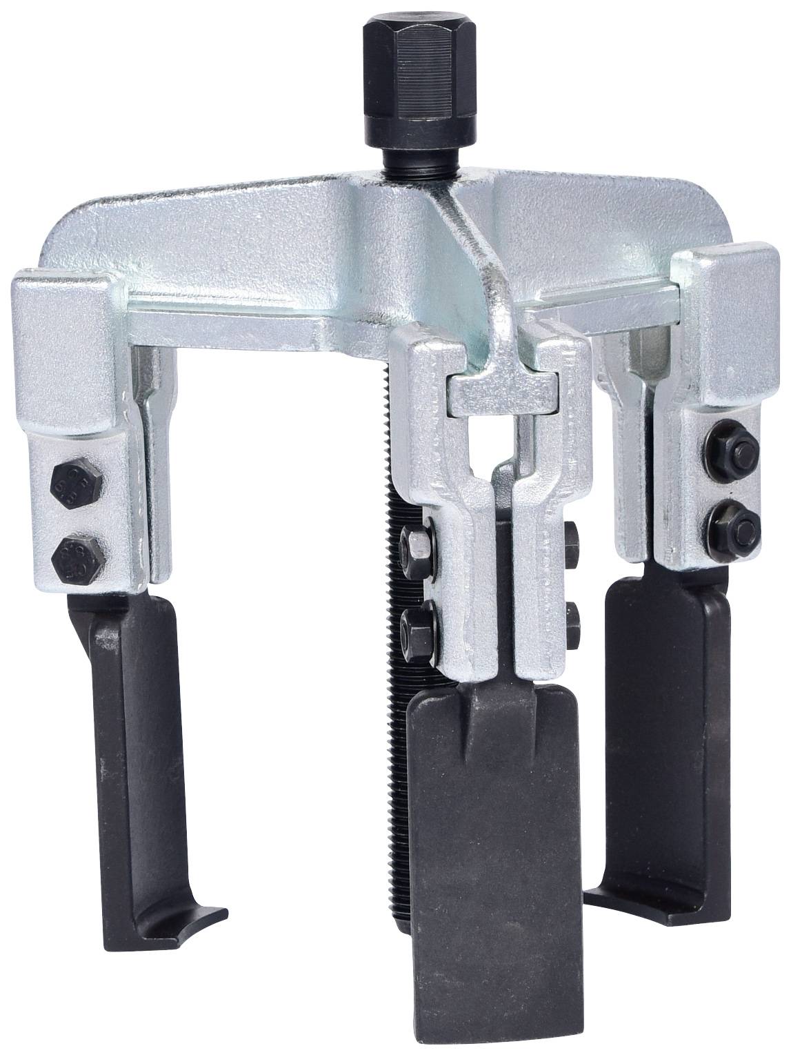 Ein dreibeiniger Abzieher aus Metall, geeignet zum Lösen von Lagern oder Zahnrädern. Schwarze Greifarme und zentrale Schraubmechanik.