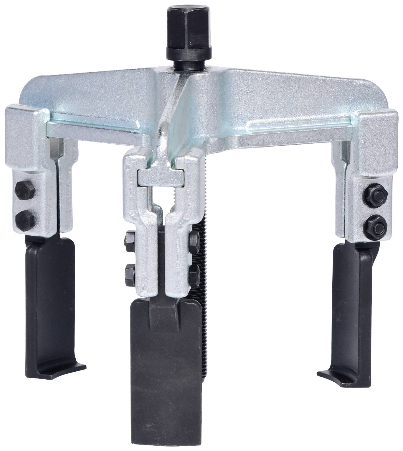 Dreiarmiger Abzieher aus Metall mit Schraubmechanismus, verwendet zum Entfernen von Lagern oder Zahnrädern von Wellen in Maschinen.