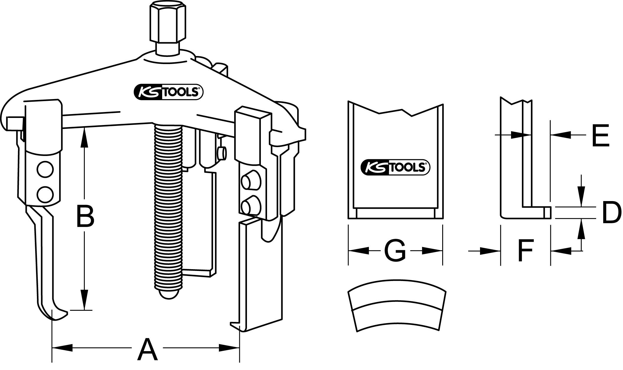 Mechanischer Abzieher mit verstellbaren Armen, gekennzeichneten Maßen A bis G und 'KS TOOLS'-Logo, zeigt Aufbau und Funktion.