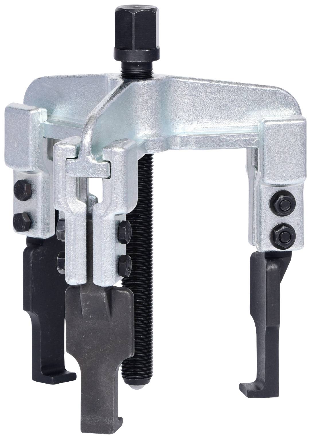 Ein Metallabzieher mit drei Klauen und zentraler Schraube zum Entfernen von Lagern oder Zahnrädern, auf einem weißen Hintergrund.