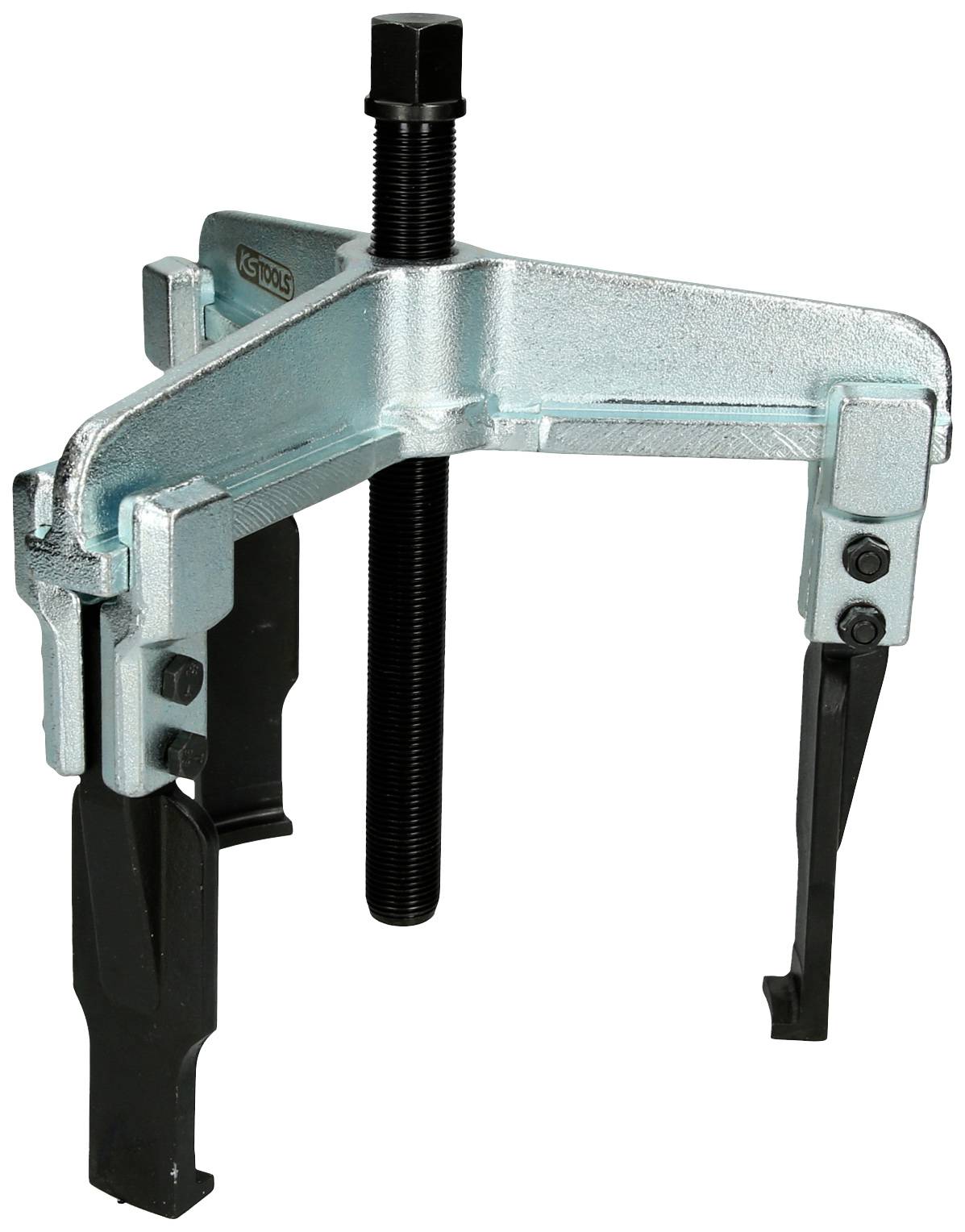 Ein dreibeiniger Abzieher aus Metall mit zentraler Spindel, verwendet zum Entfernen von Lagern oder Zahnrädern von einer Welle.