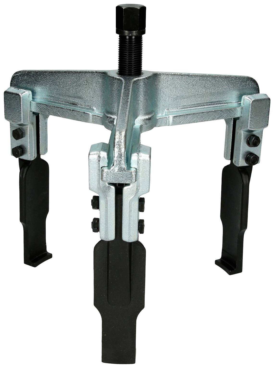 Ein dreibeiniger Abzieher aus Metall mit Schraubmechanismus, verwendet zum Entfernen von Zahnrädern oder Lagern von einer Welle.