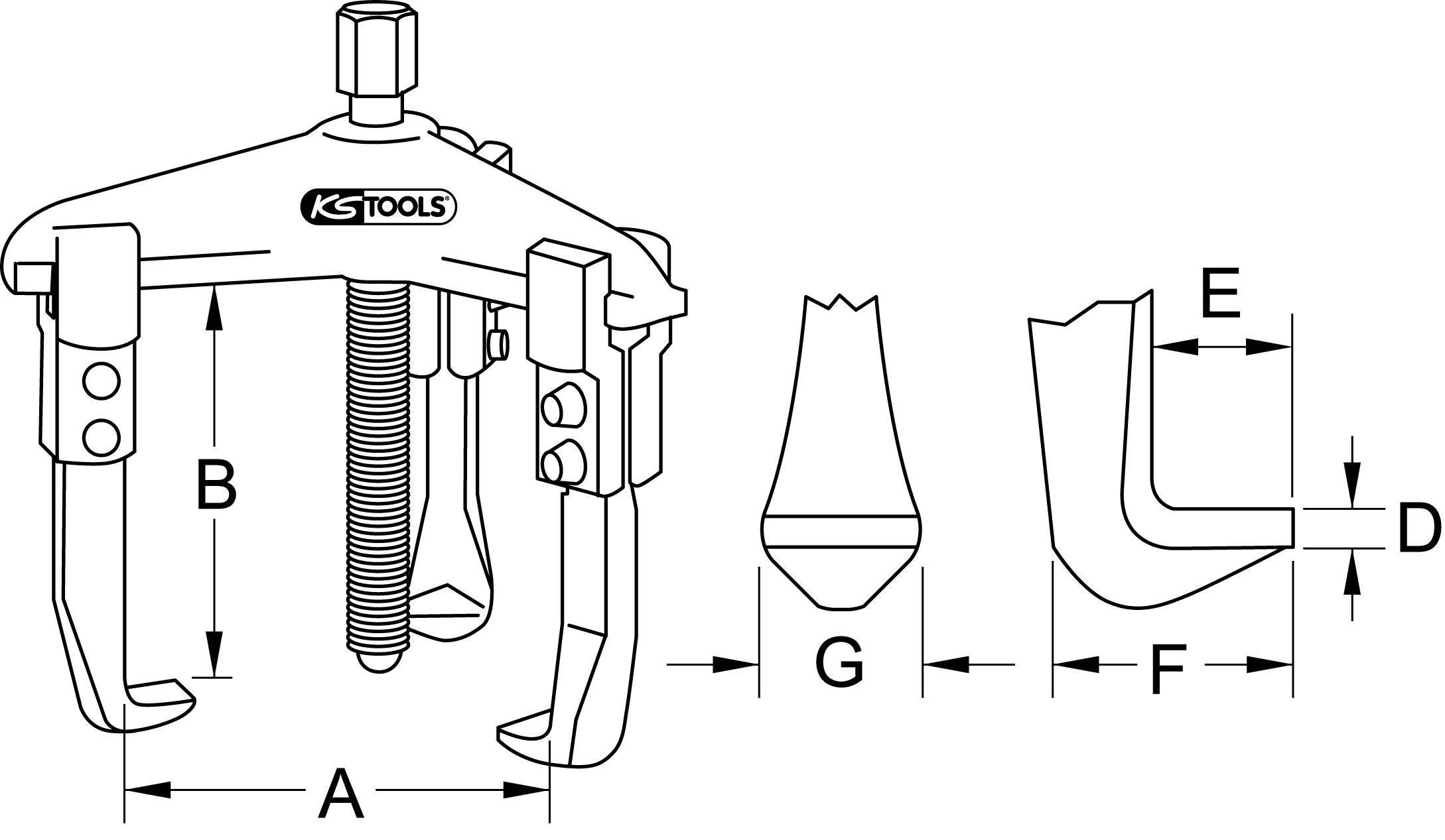 Dreibeiniger Abzieher-Diagramm mit Maßangaben A, B, D, E, F, G. Hauptbestandteile sind Schenkel und Spindel, verwendet für mechanischen Einsatz.