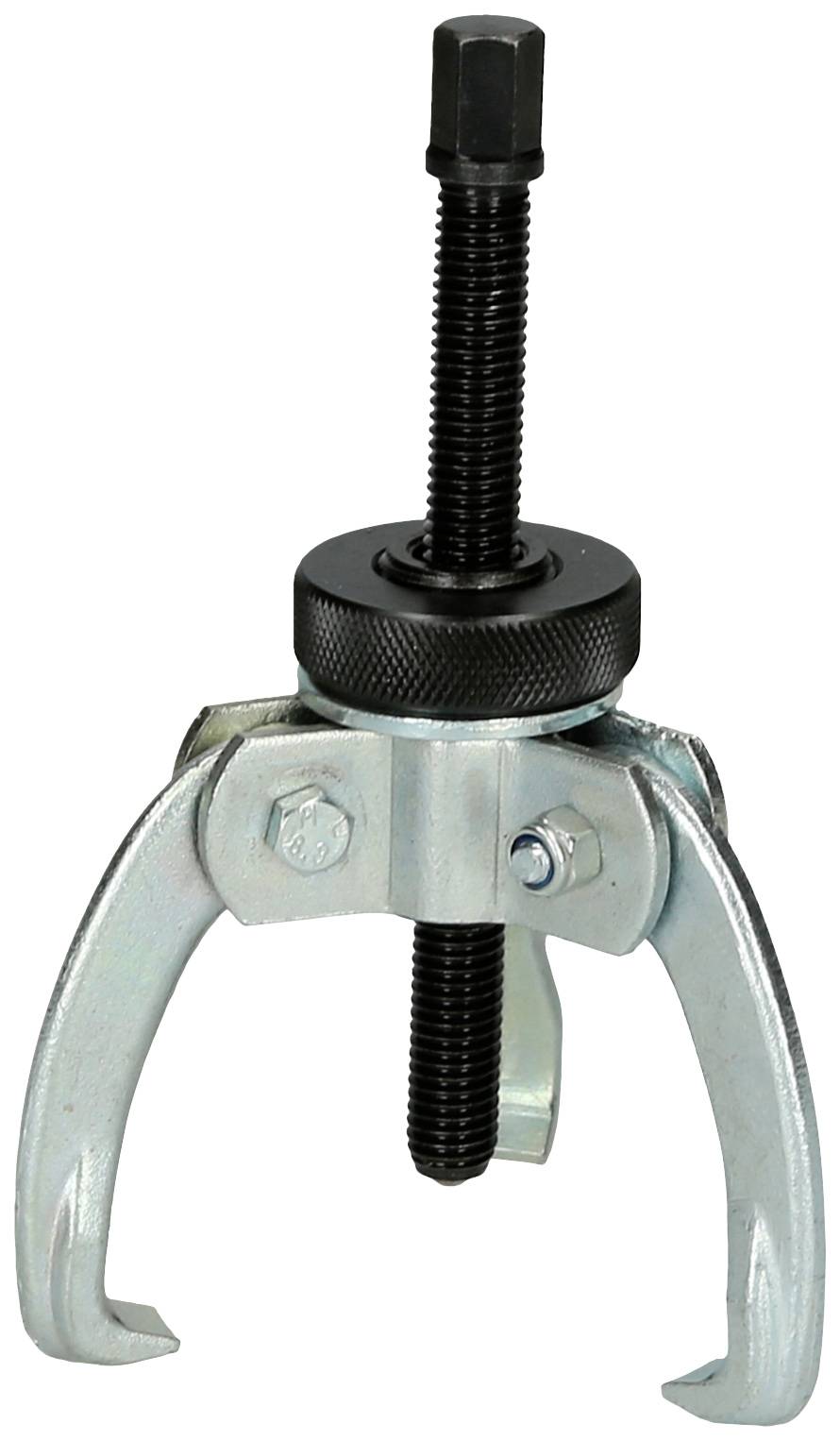 Ein dreizackiger Abzieher aus Metall mit Schraube und Griff, verwendet zur Entfernung von Lagern oder Zahnrädern von einem Schaft.