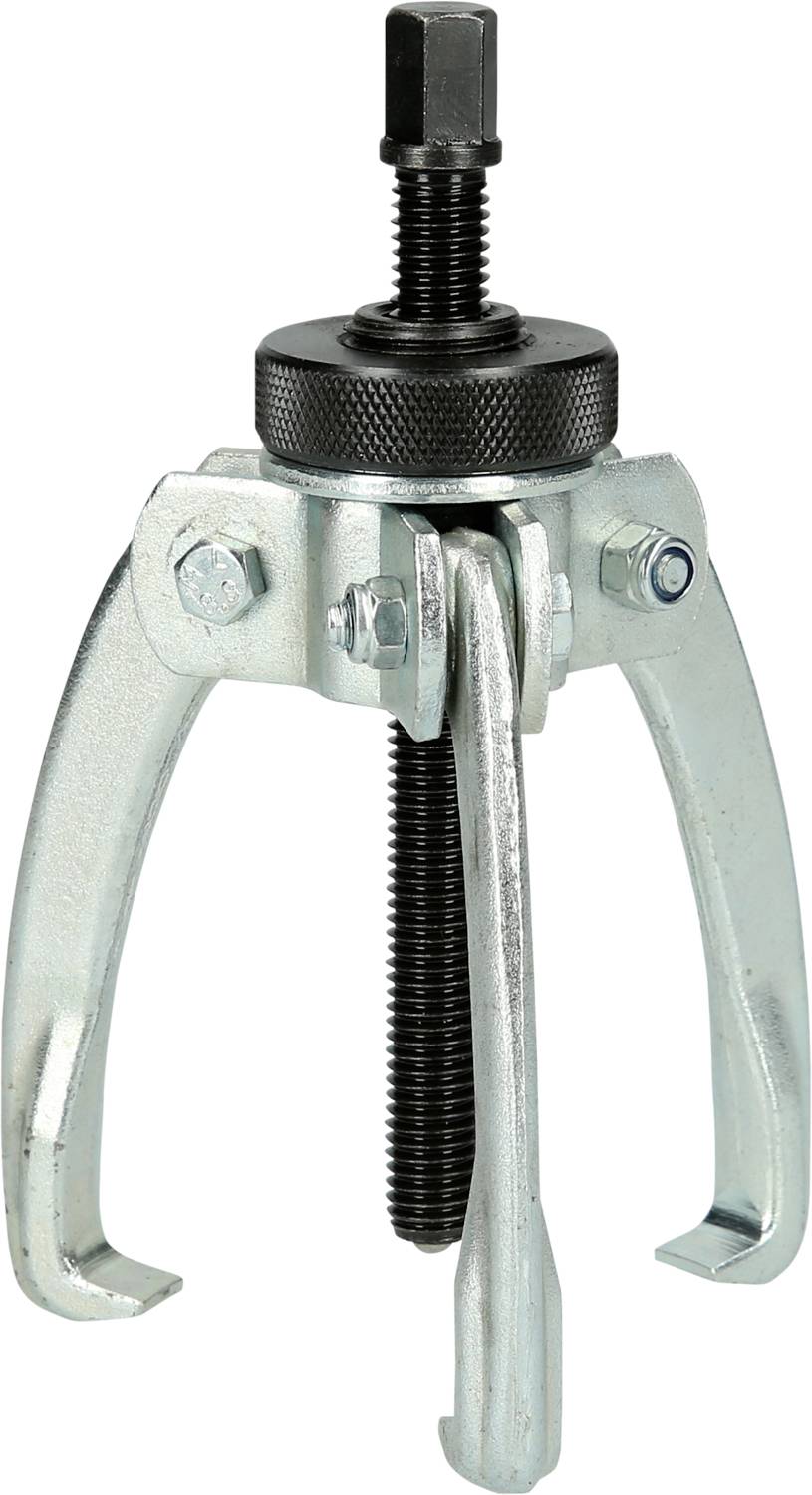 Ein dreibeiniger Abzieher aus Metall, zum Entfernen von Lagern oder Scheiben von Wellen, mit einem zentralen Schraubmechanismus.