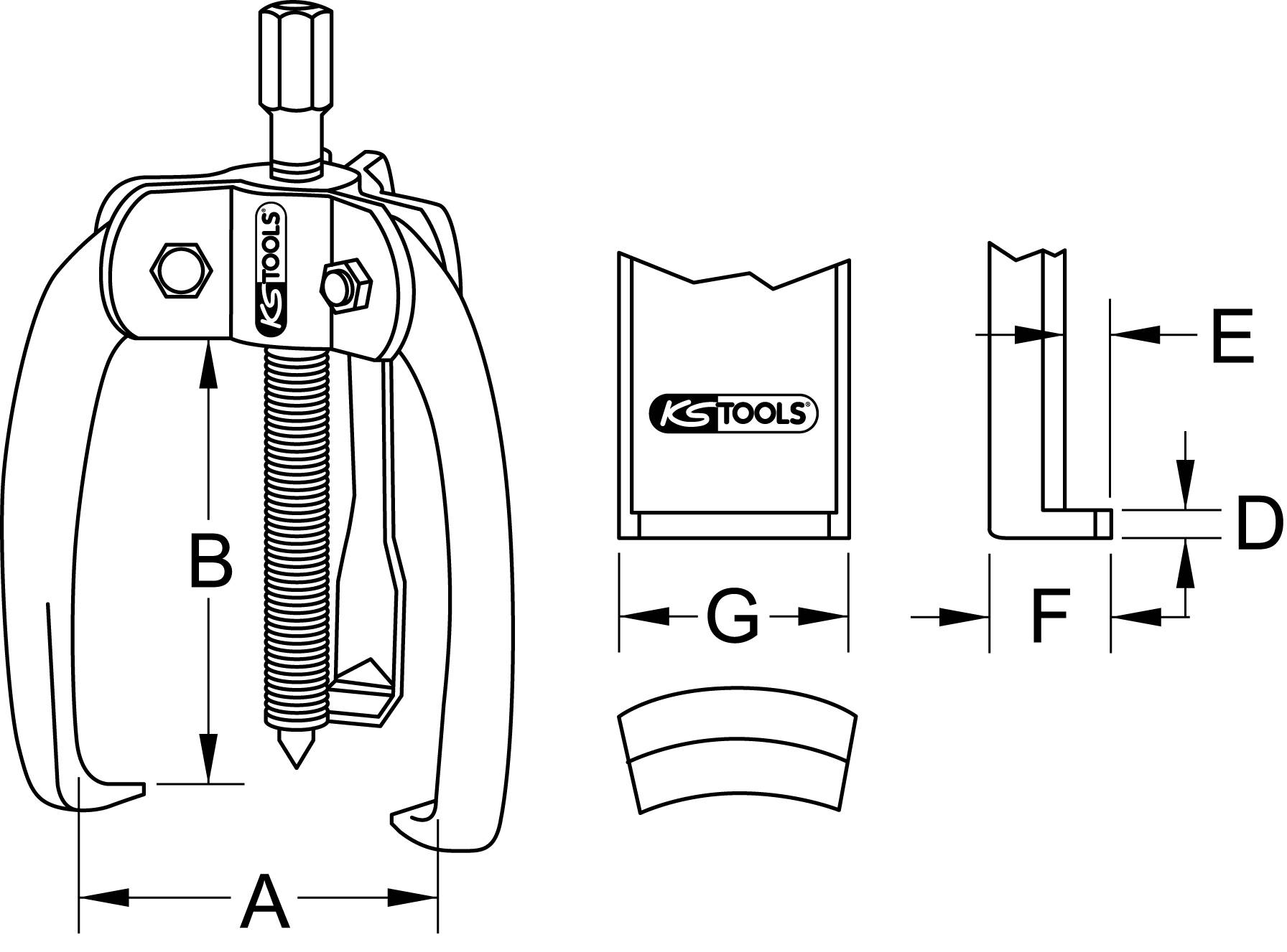 'KS TOOLS' Abzieherdiagramm, zeigt Vorder- und Seitenansicht mit Bauteilmaßen: A, B, D, E, F, G. Mechanik für Kfz-Reparaturen.