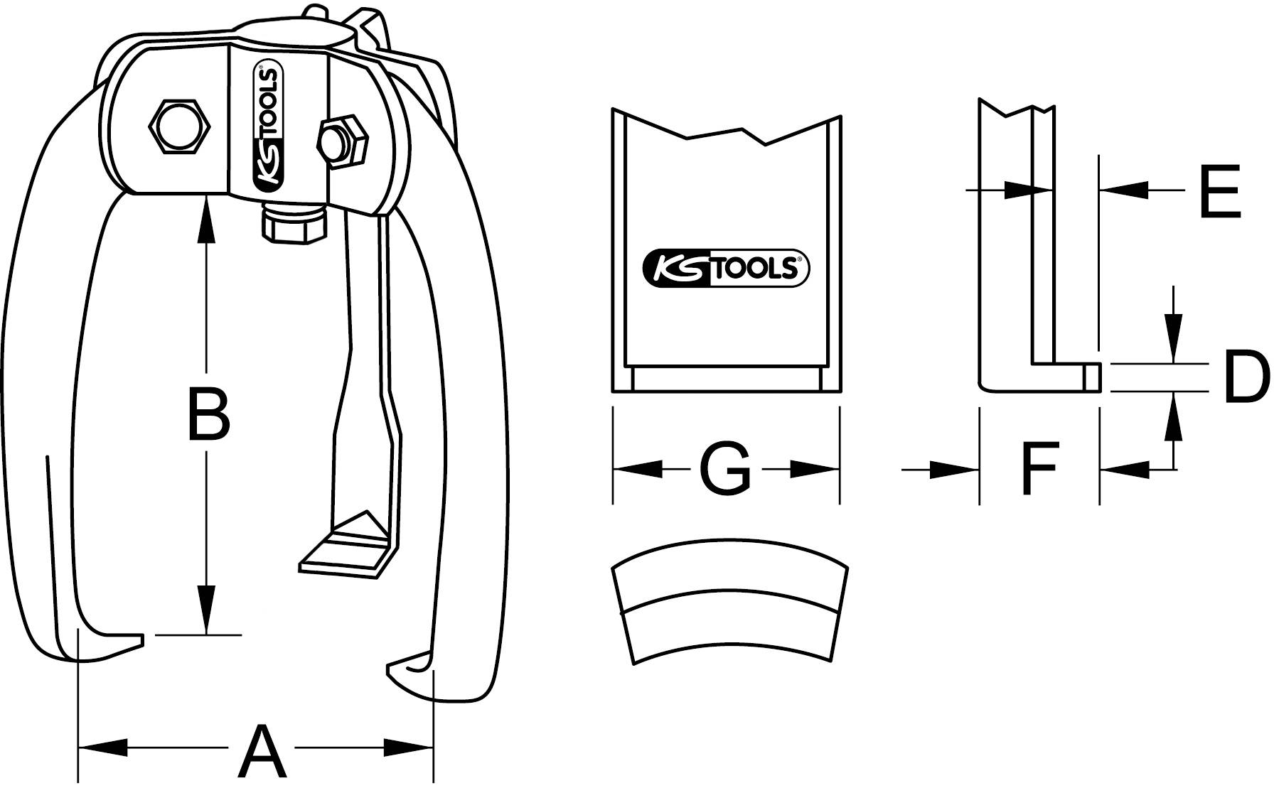 Technische Zeichnung eines Abziehers mit Maßangaben: A (Breite), B (Höhe), D, E, F, G. Oben das KS Tools-Logo.
