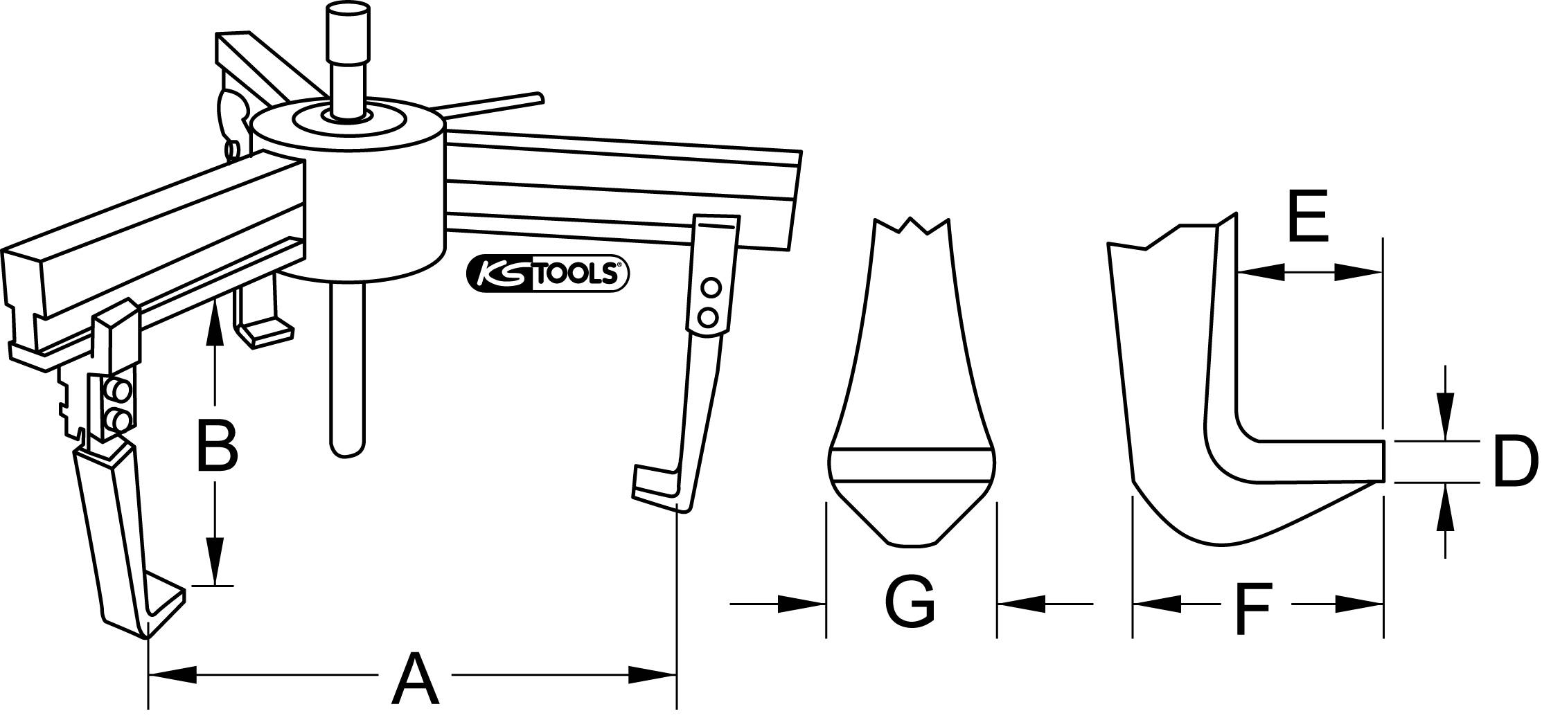 Diagramm eines Abziehers mit Armen, zentralen Drehpunkt und Haken. Zeigt Maße für verschiedene Komponententeile A, B, D, E, F, G.