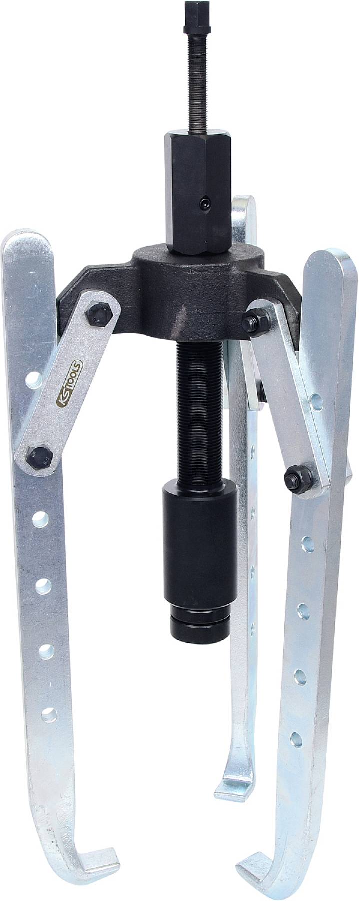 Ein mechanischer Abzieher mit zwei Armen und einem mittigen Schraubengewinde, verwendet zum Entfernen von Lagern oder ähnlichen Teilen.