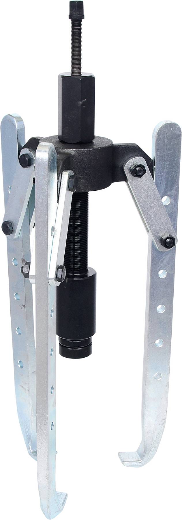 Ein dreibeiniger Abzieher aus Metall mit Schraubmechanismus und Griff oben. Verwendet zum Entfernen von Lagern oder Zahnrädern.