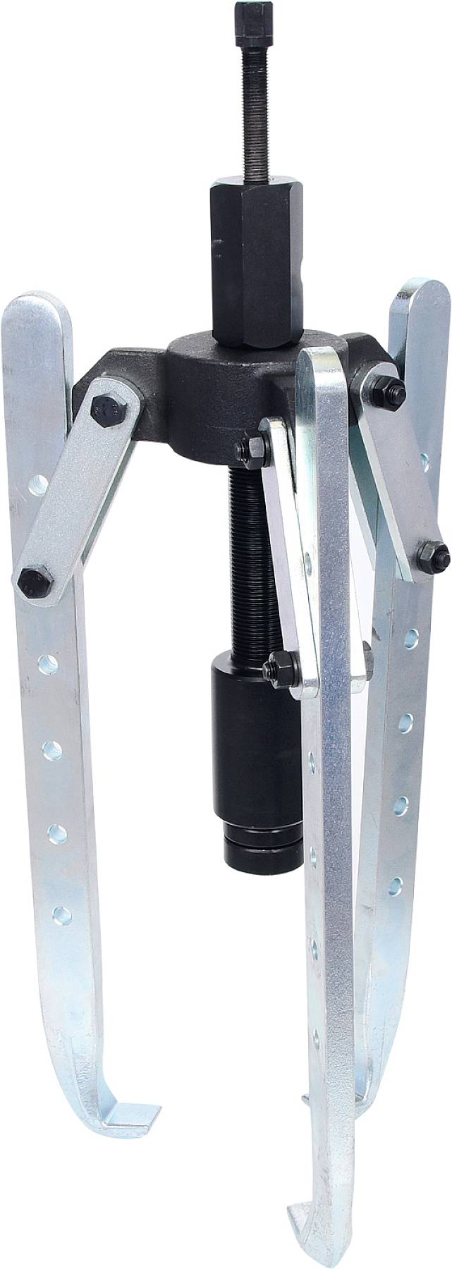 Ein Werkzeug zur Abnahme von Lagern. Es besteht aus einem zentralen Schraubenmechanismus, zwei langen Armen und Metallbefestigungen.