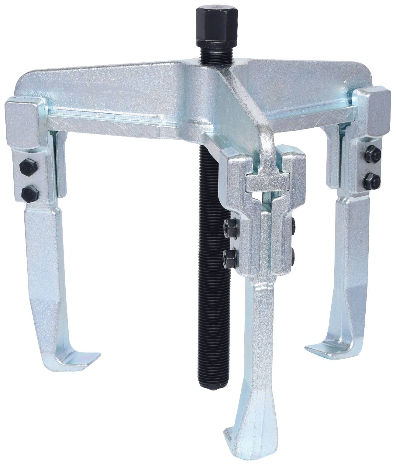 Ein mechanischer Dreiarm-Abzieher in silberner Farbe, verwendet zum Lösen festsitzender Teile wie Zahnräder oder Lager von einer Welle.