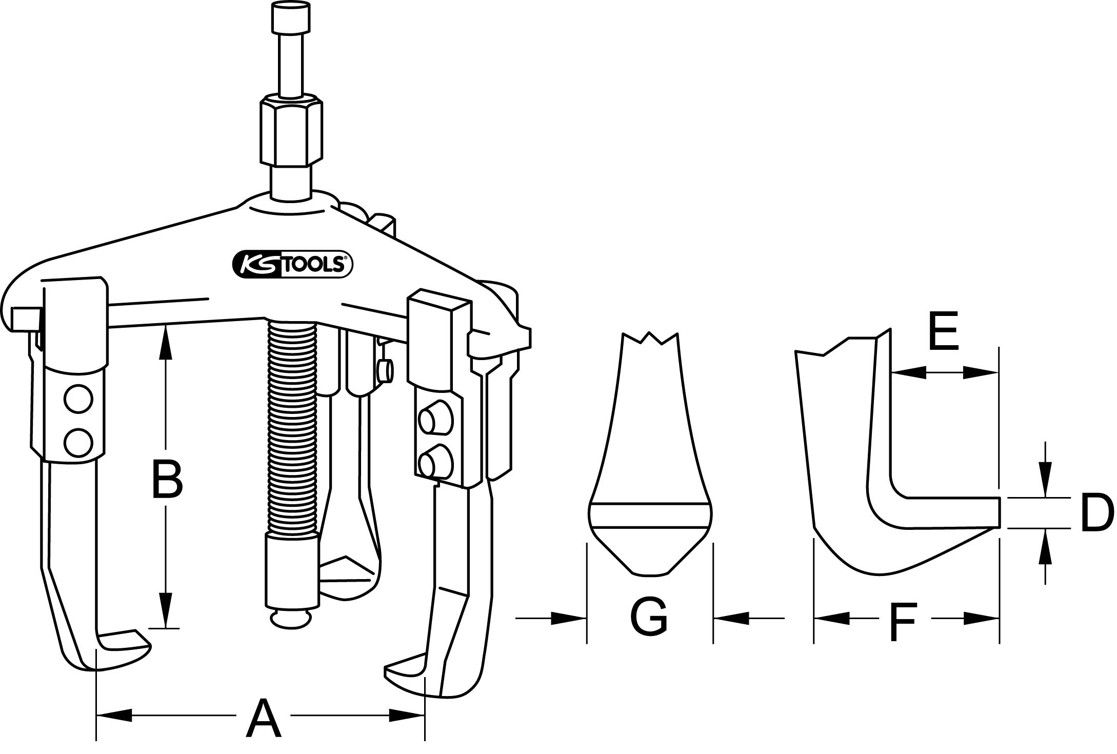 Technische Zeichnung eines Abziehers. Bezeichnete Teile: A=Spannweite, B=Armlänge, D=Klemmung, E=Hakenhöhe, F=Hakentiefe, G=Spitzenhöhe.