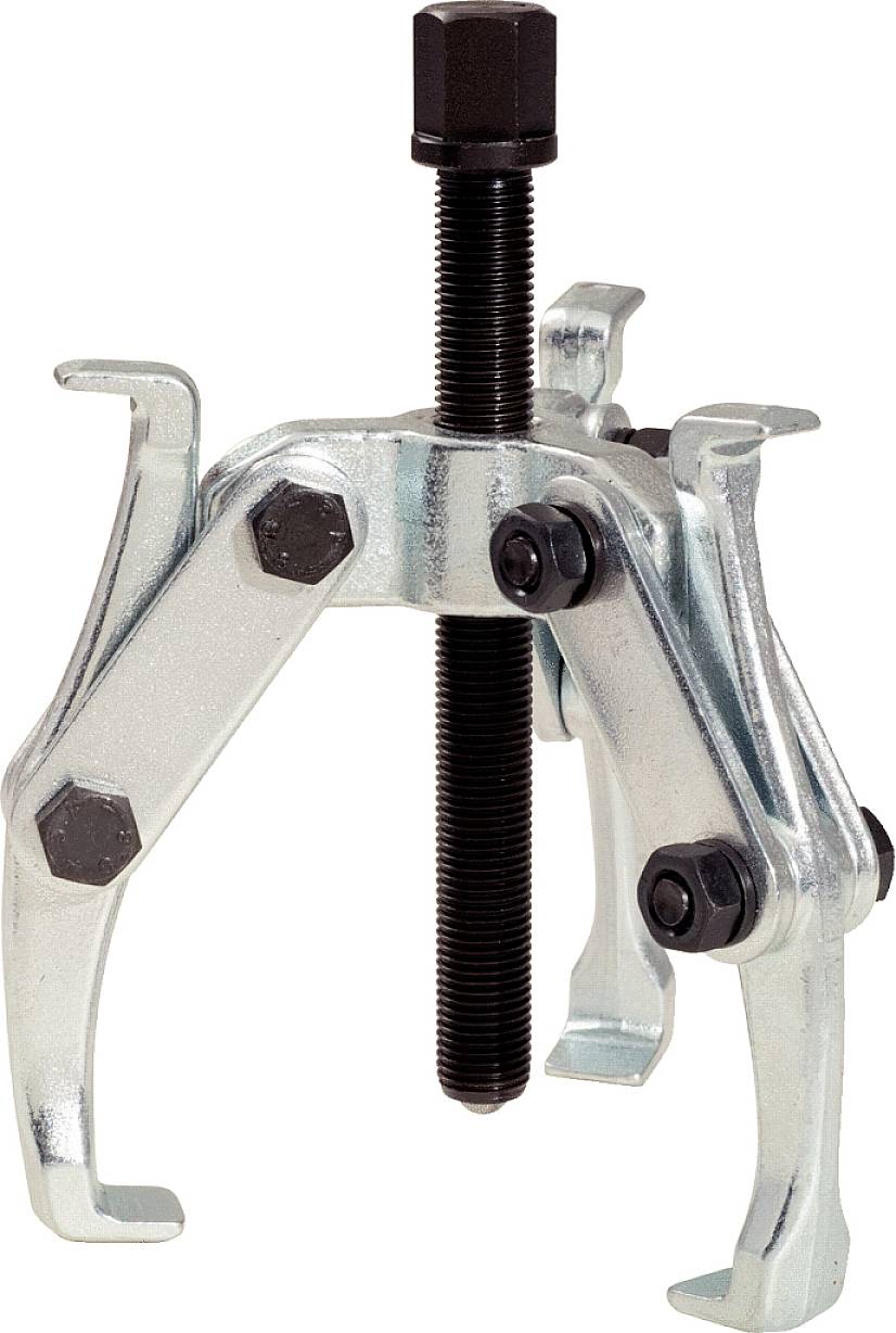 Ein dreibeiniger Abzieher aus Metall mit Schraubmechanismus, verwendet zum Entfernen von Zahnrädern oder Lagern von Wellen.