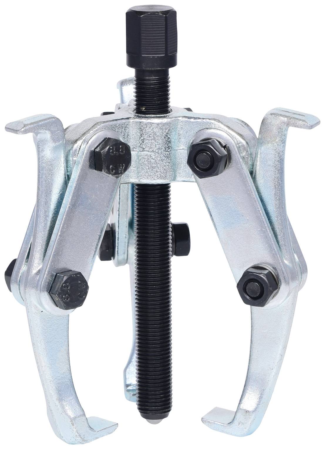 Ein dreizinkiger Abzieher aus Metall mit einem zentralen Spindelmechanismus zum Entfernen von Lager- oder Zahnradteilen von einer Welle.