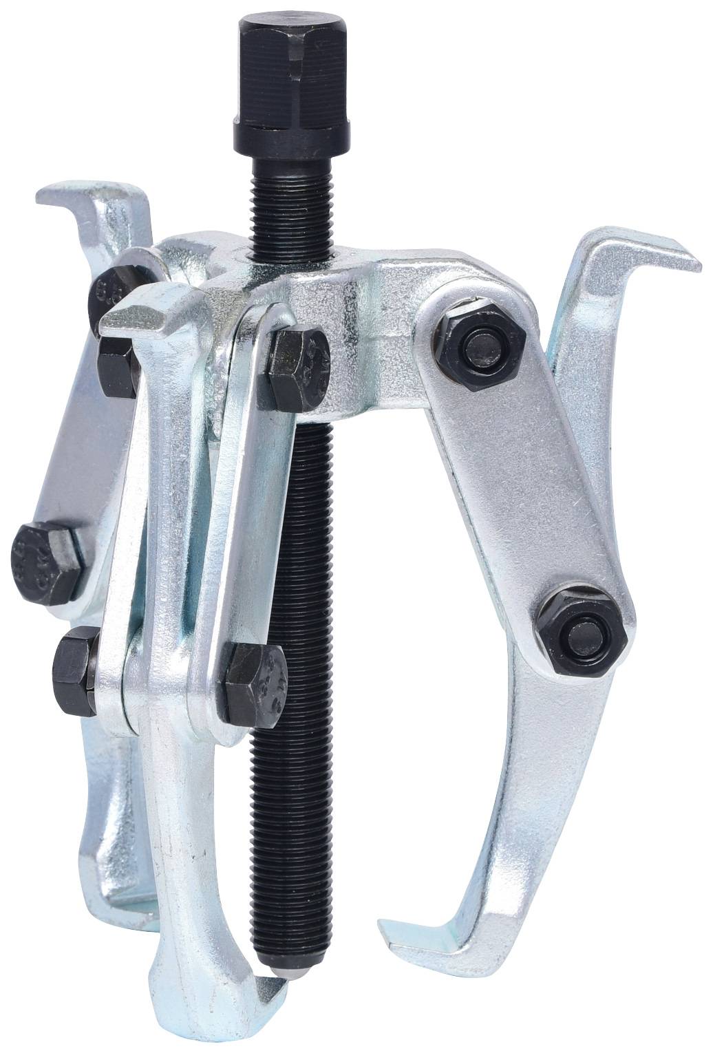 Ein metallischer Abzieher mit drei Haken und einer zentralen Schraube, zum Entfernen von Lagern oder Getrieben aus Maschinen.