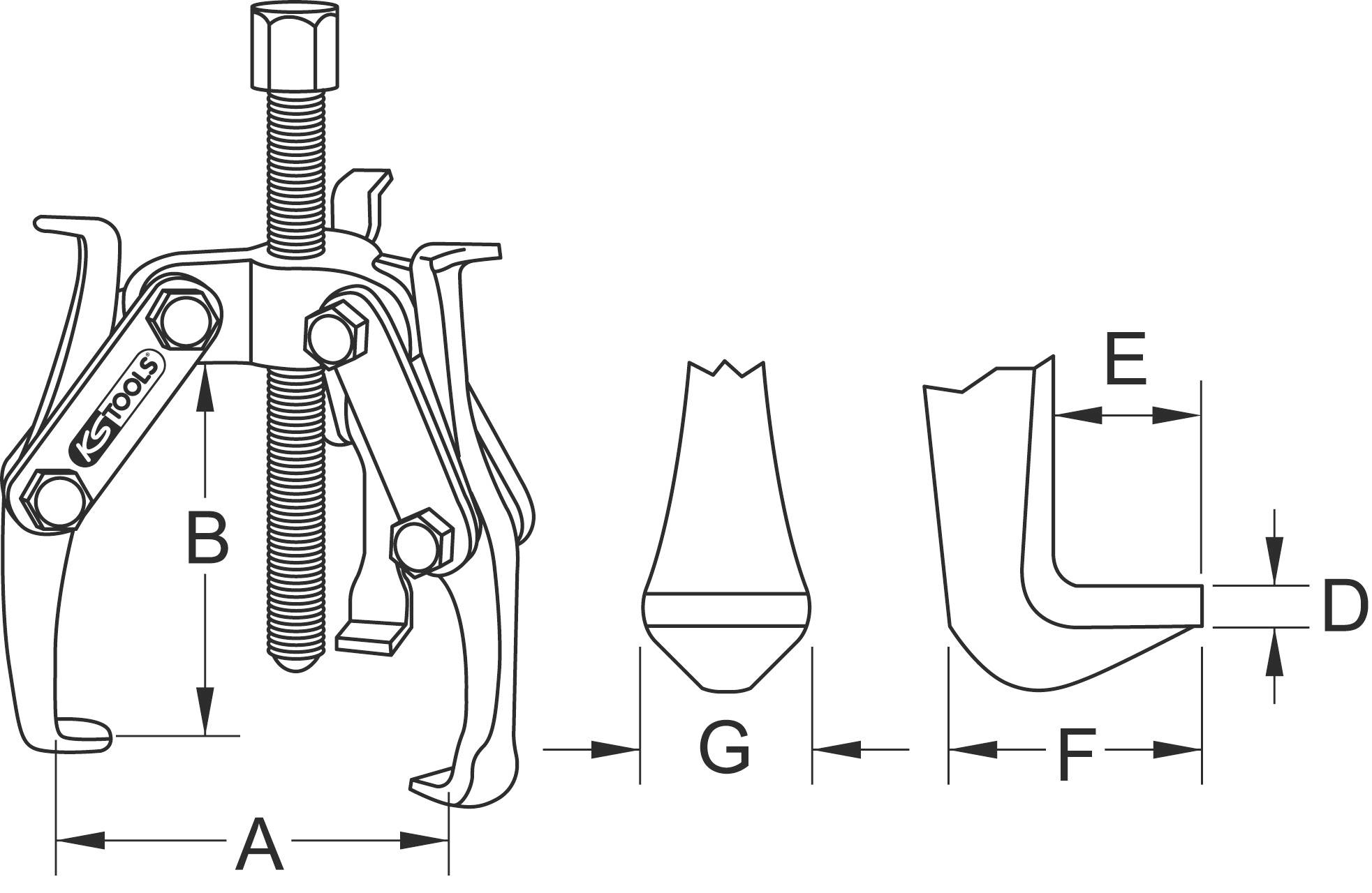 Mechanische Werkzeugzeichnung mit Maßen: A, B, E, F, G, D, Schraub- und Greifmechanismus, Darstellung eines Abziehers.