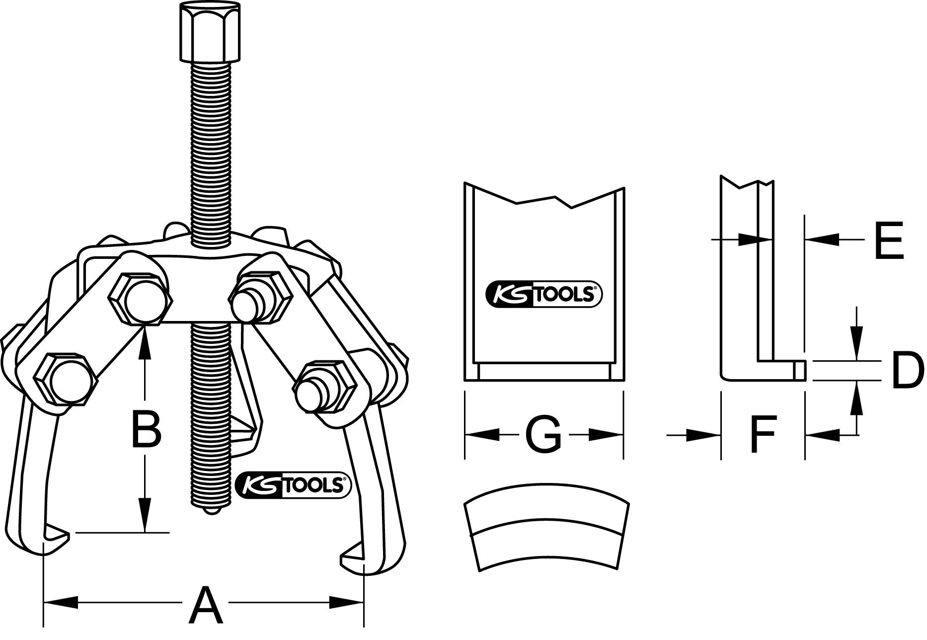 Technische Zeichnung eines Drei-Arm-Abziehers mit Maßen A, B, D, E, F, G. Zeigt Details des Werkzeugs und seine Einzelteile.