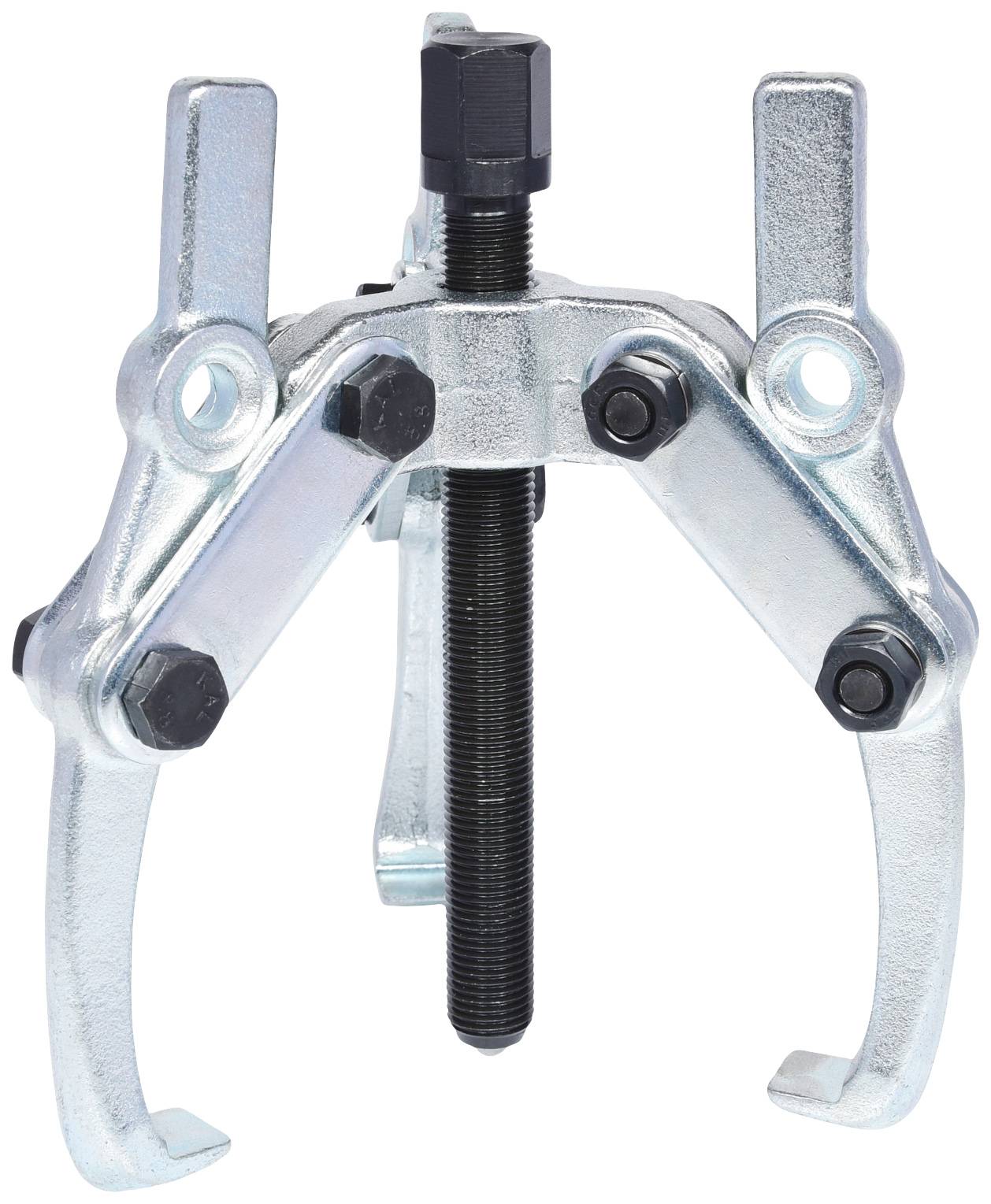 Ein silberner Zweiarm-Abzieher aus Metall mit Schraubmechanismus, geeignet zum Abziehen von Lagern oder Zahnrädern von einer Welle.