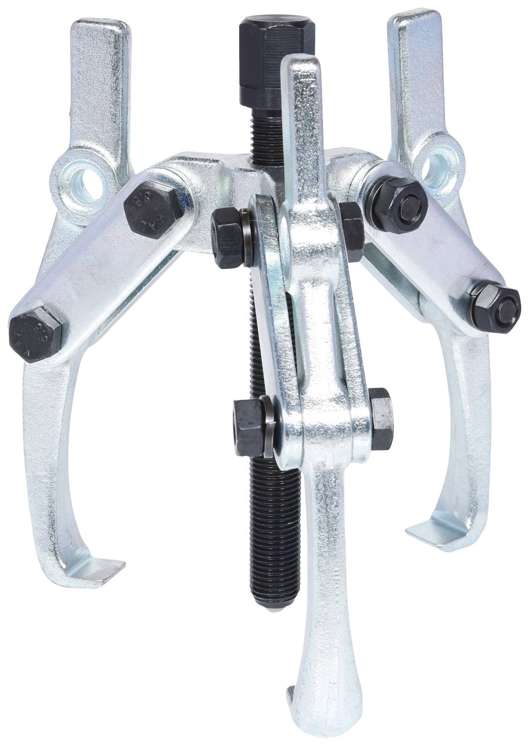 Ein dreibeiniger Abzieher aus Metall, verwendet zum Entfernen von Lagern oder Zahnrädern von Wellen.