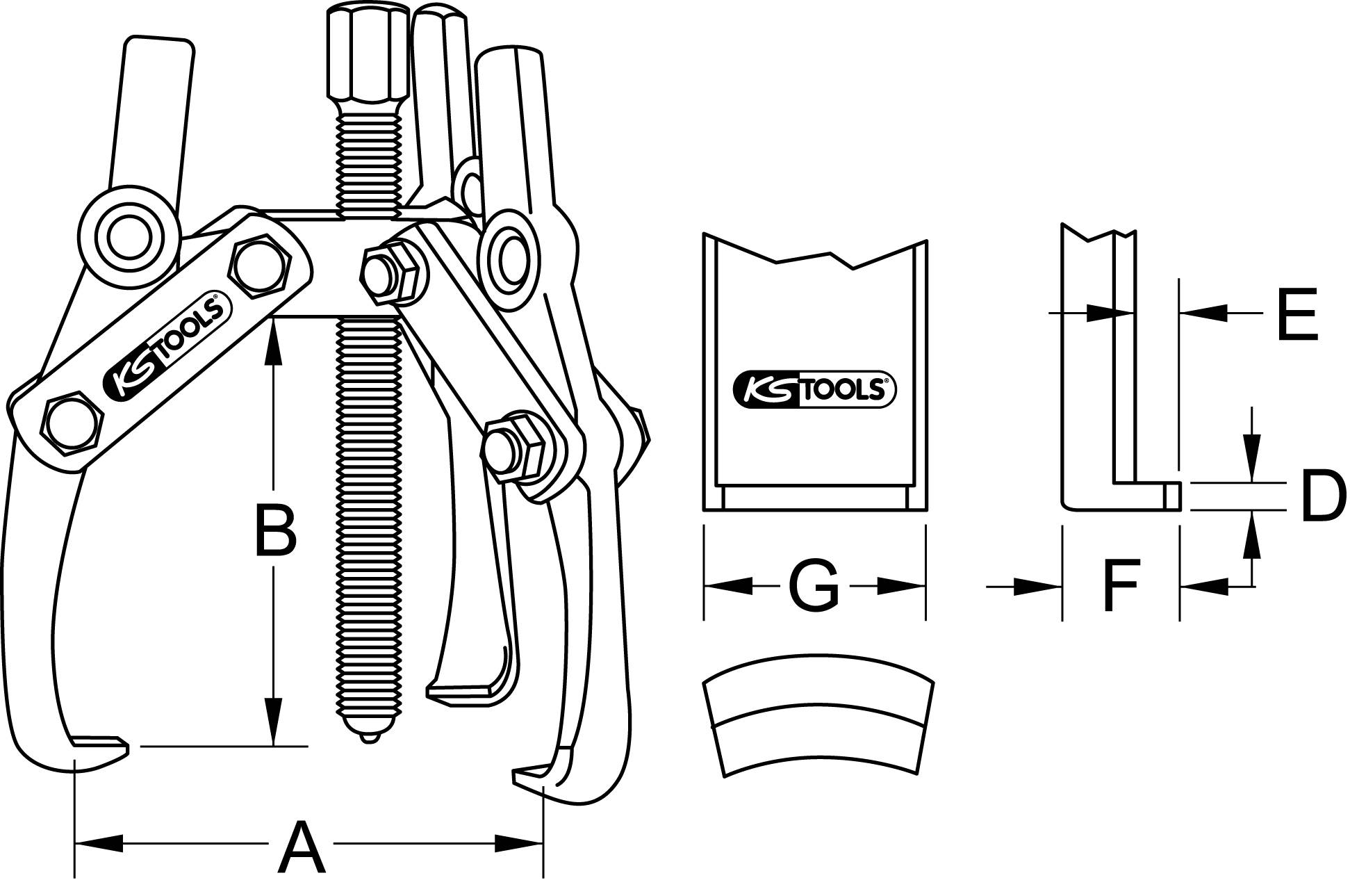 Eine technische Zeichnung eines Abziehers mit drei Armen. Markiert sind Maße: A, B, D, E, F, G, für genaue technische Spezifikationen.