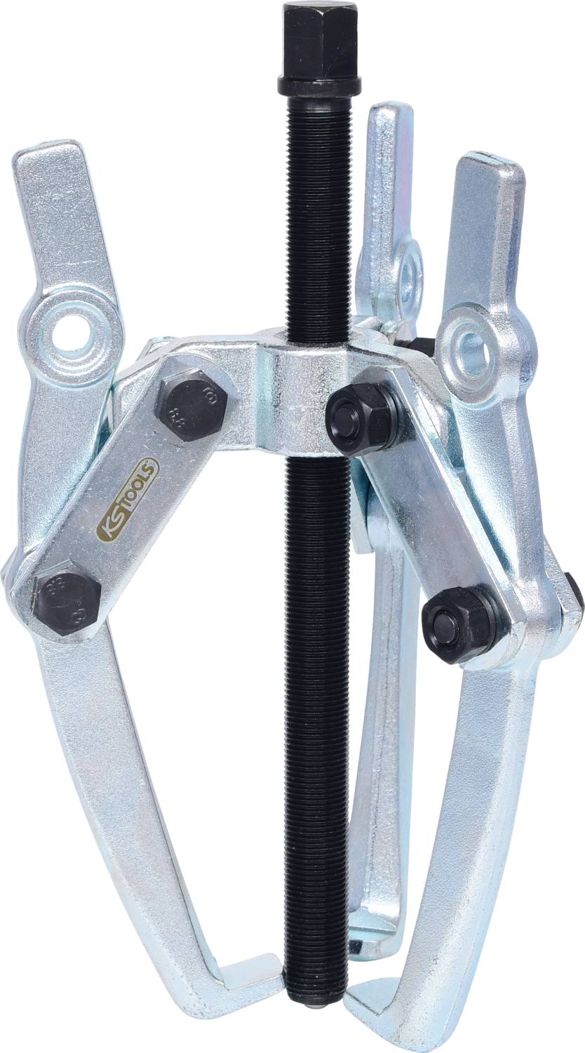 Ein dreibeiniger Abzieher aus Metall mit zwei Greifarmen und einer zentralen Spindel, zum Entfernen von Lagern oder Zahnrädern.