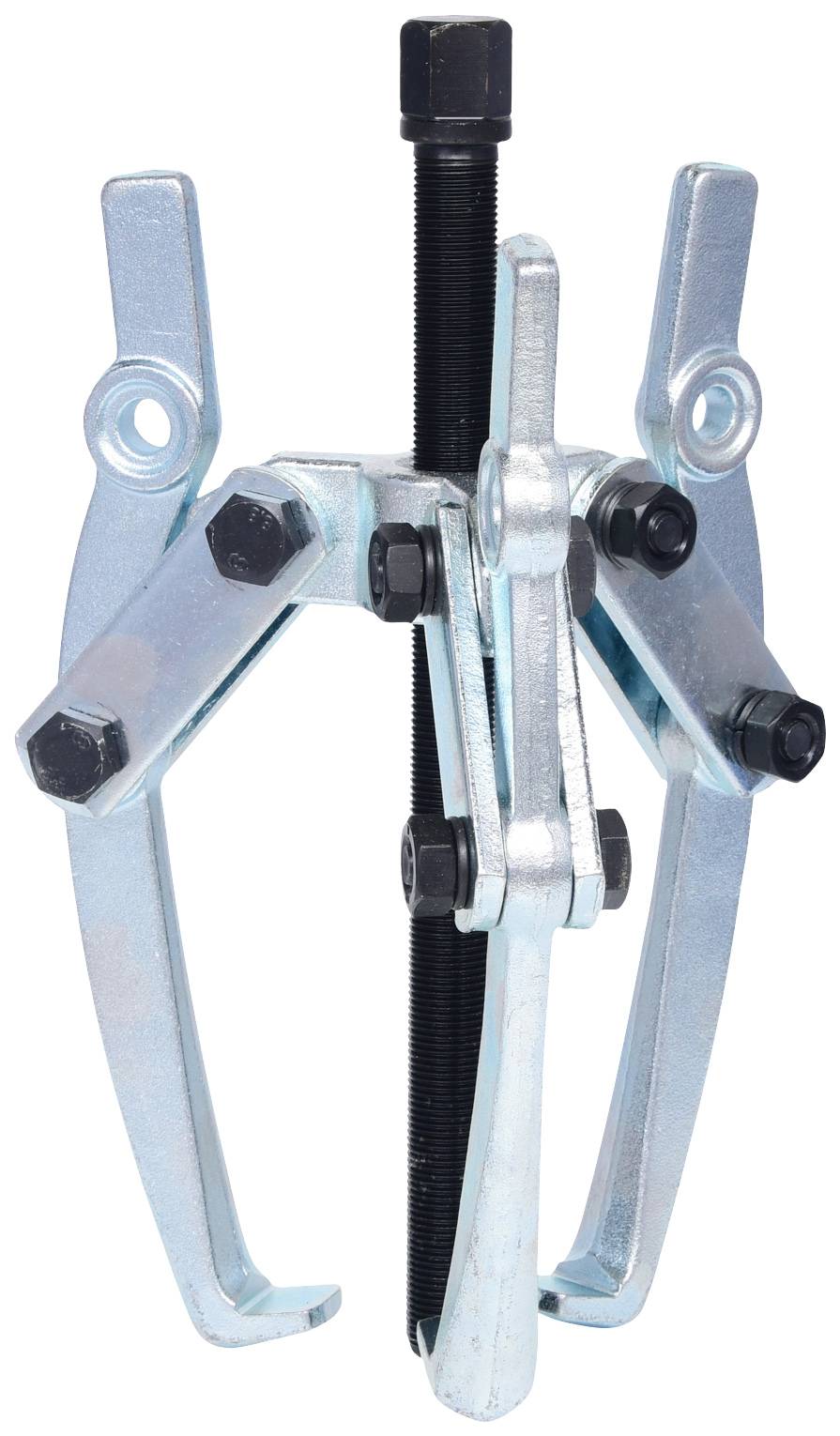 Metallischer Abzieher mit zwei Armen und zentraler Schraube zum Lösen festsitzender Teile in der Mechanik.