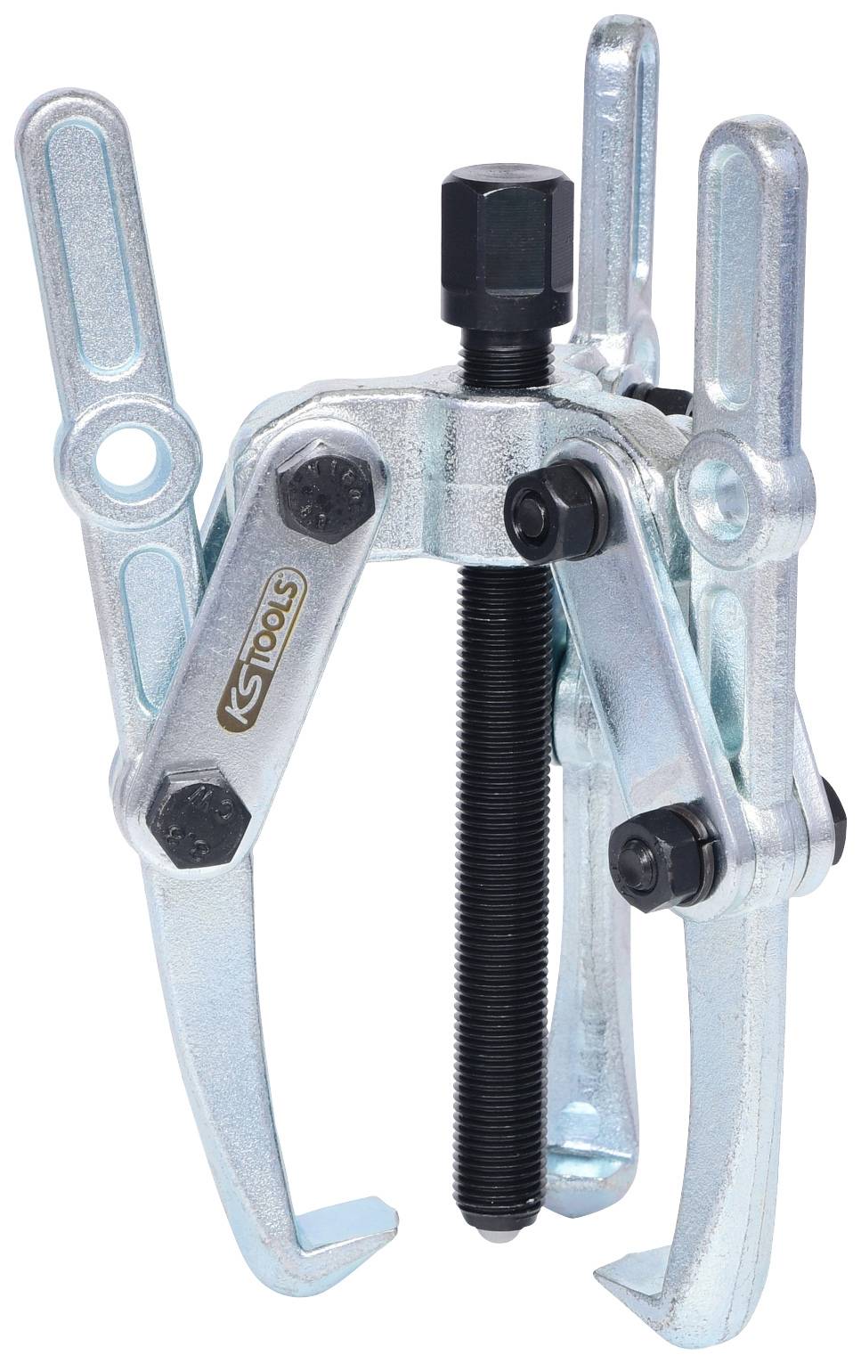 Ein silberfarbener hydraulischer Abzieher mit drei Klauen, geeignet zum Entfernen von Lagerteilen.