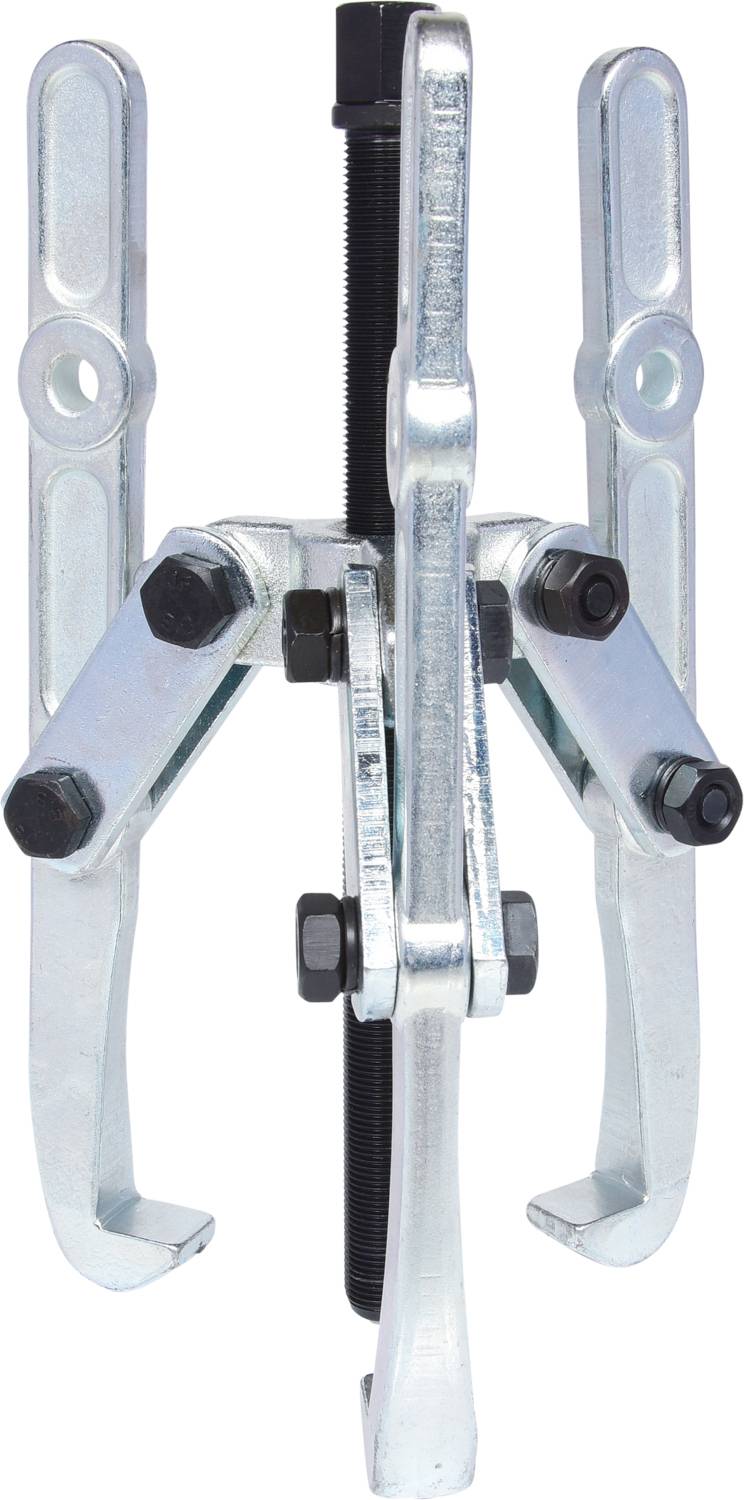 Ein dreibeiniger Abzieher aus Metall mit zentralem Schraubmechanismus, verwendet zum Entfernen von Lagern oder Zahnrädern von Wellen.