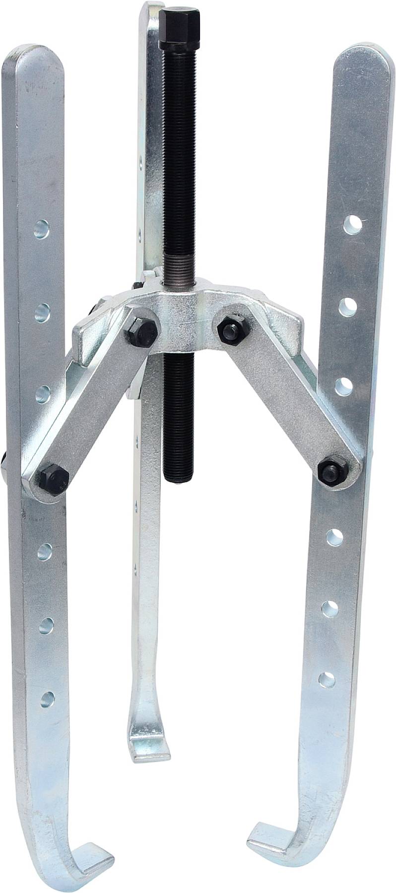 Ein mechanischer Abzieher mit drei verstellbaren Armen und einer zentralen Schraube zur Entfernung von Lagern oder Zahnrädern von einer Welle.