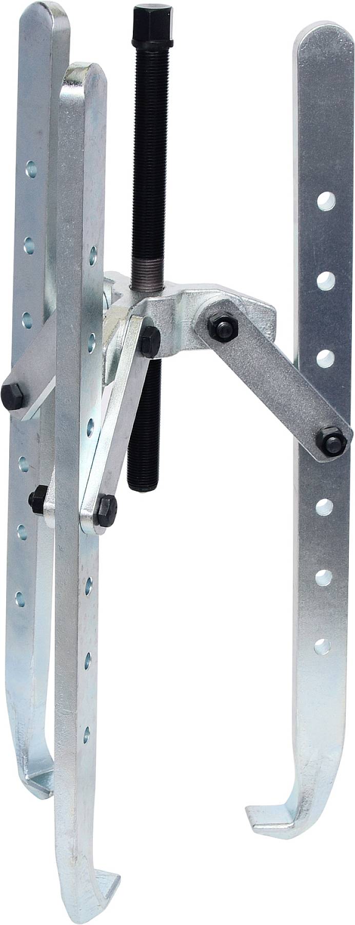 Ein Metallabzieher-Werkzeug mit drei verstellbaren Armen, verwendet zum Entfernen von Lagern oder Zahnrädern von einer Welle.