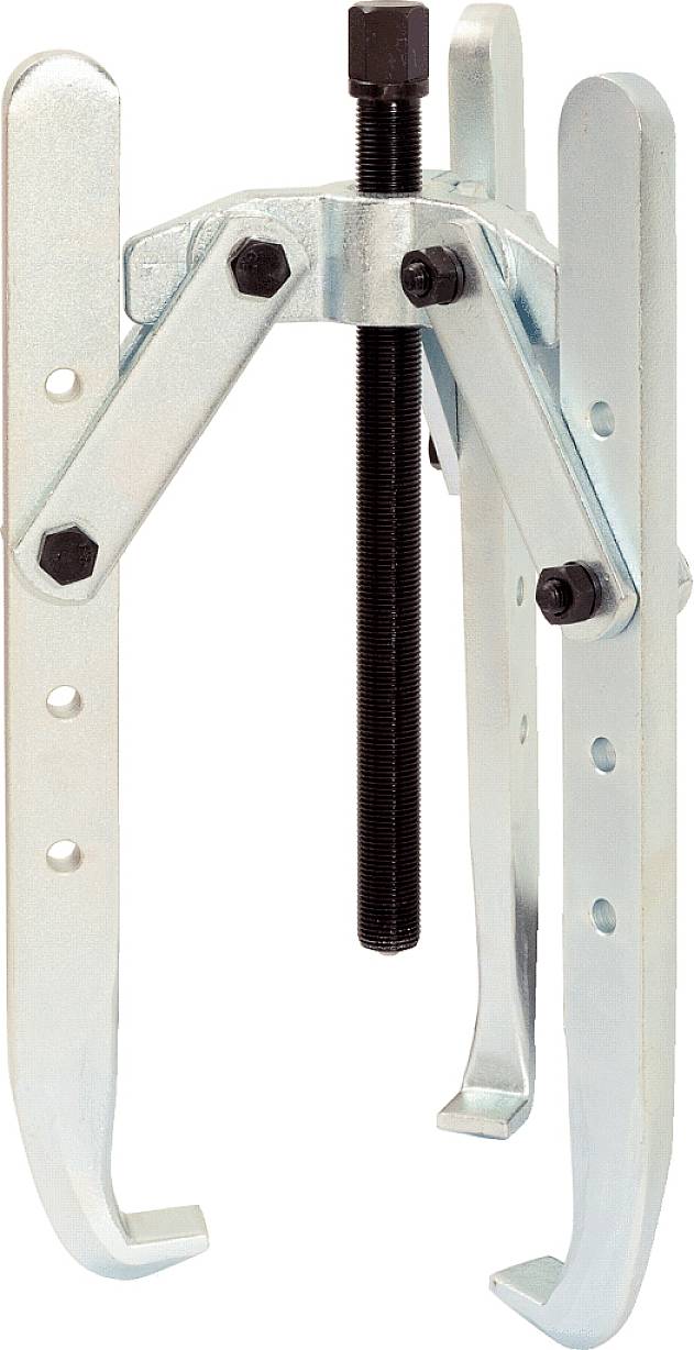 Ein metallischer Abzieher mit drei Griffarmen und einer zentralen Schraubspindel, verwendet zum Entfernen von Lagern oder Zahnrädern.