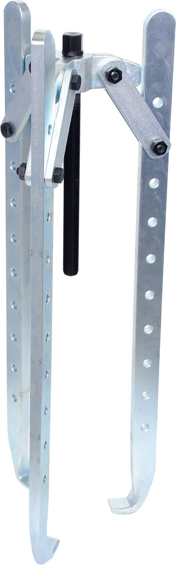 Metallischer Wagenheberständer mit Haken und Löchern für Höhenverstellung, Mechanismus in der Mitte zur Stabilität und Befestigung.