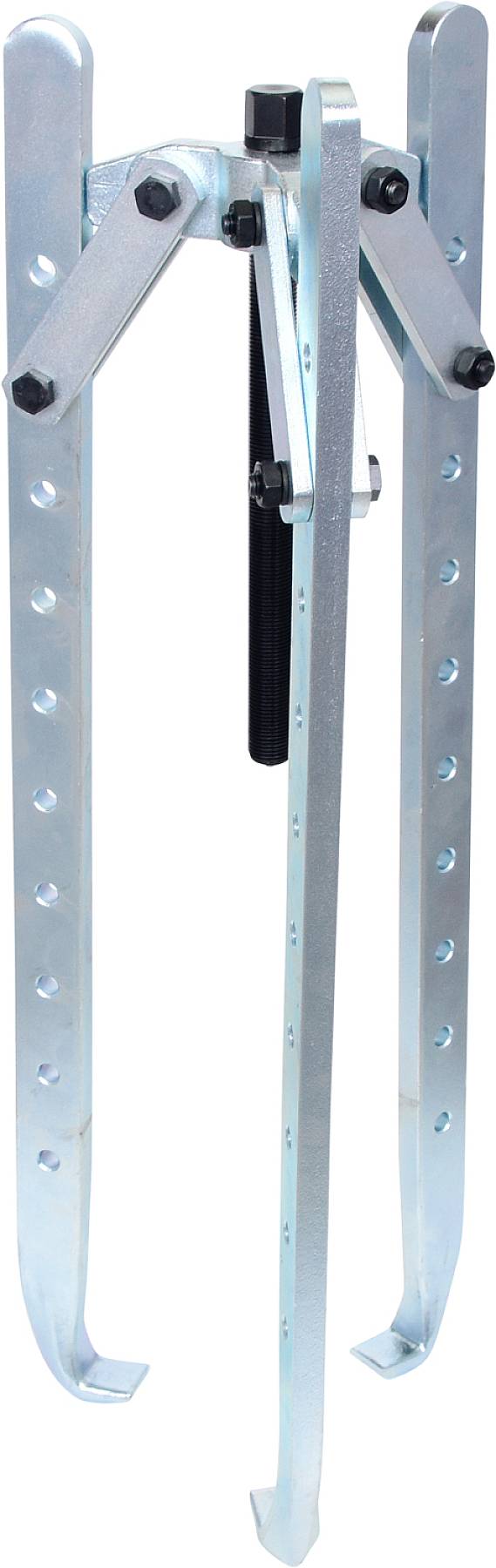 Ein Zweibein-Abzieherwerkzeug aus Metall mit verstellbaren Armen und mehreren Löchern zur Einstellung, verwendet zum Abziehen von Lagern oder Zahnrädern.