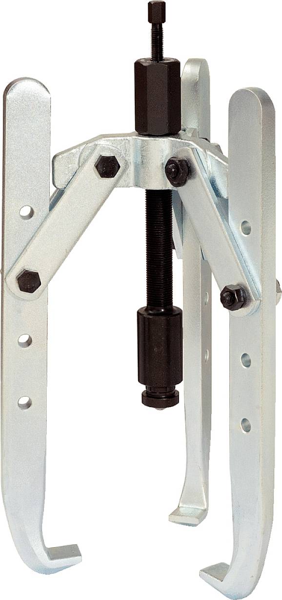 Zweibeiniger Abzieher zum Lösen festsitzender Teile, wie Zahnräder und Lager, aus Metall mit schwarzem Spindeltrieb.