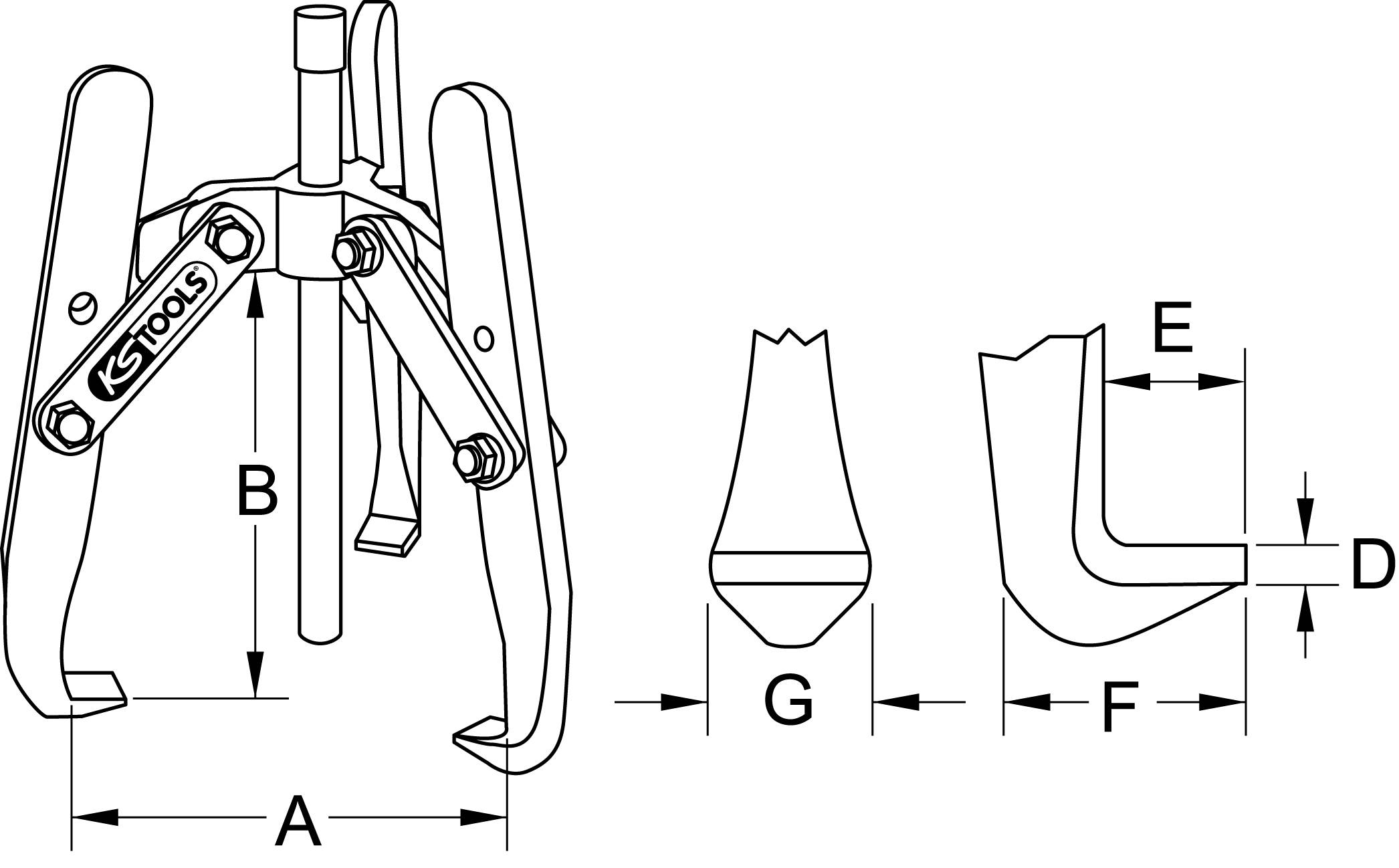Ein technisches Diagramm eines Abziehers mit Hebelarmen (B). Details wie Maße (A, E, F, G) und Komponenten zum Entfernen von Teilen.
