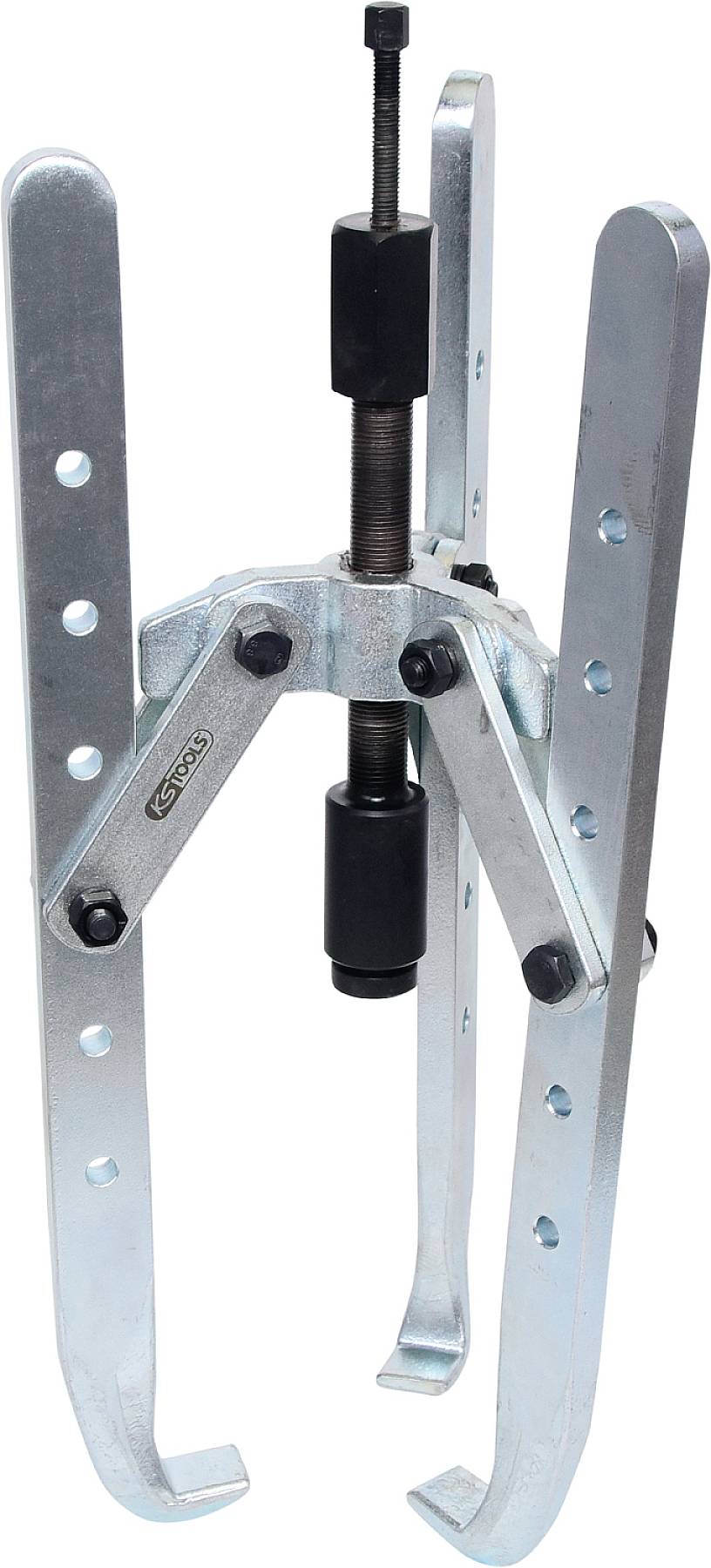 Zweibeiniger Abzieher aus Metall mit einstellbaren Armen und einer zentralen Schraube. Tools für das Lösen von festsitzenden Teilen.