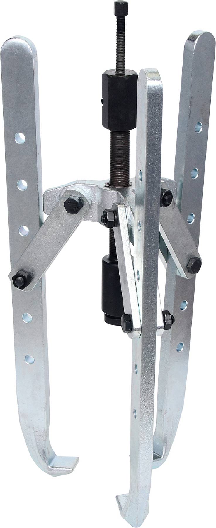 Ein dreibeiniger Abzieher aus Metall, mit mittlerer Schraube zum Entfernen von Lagern oder Zahnrädern.