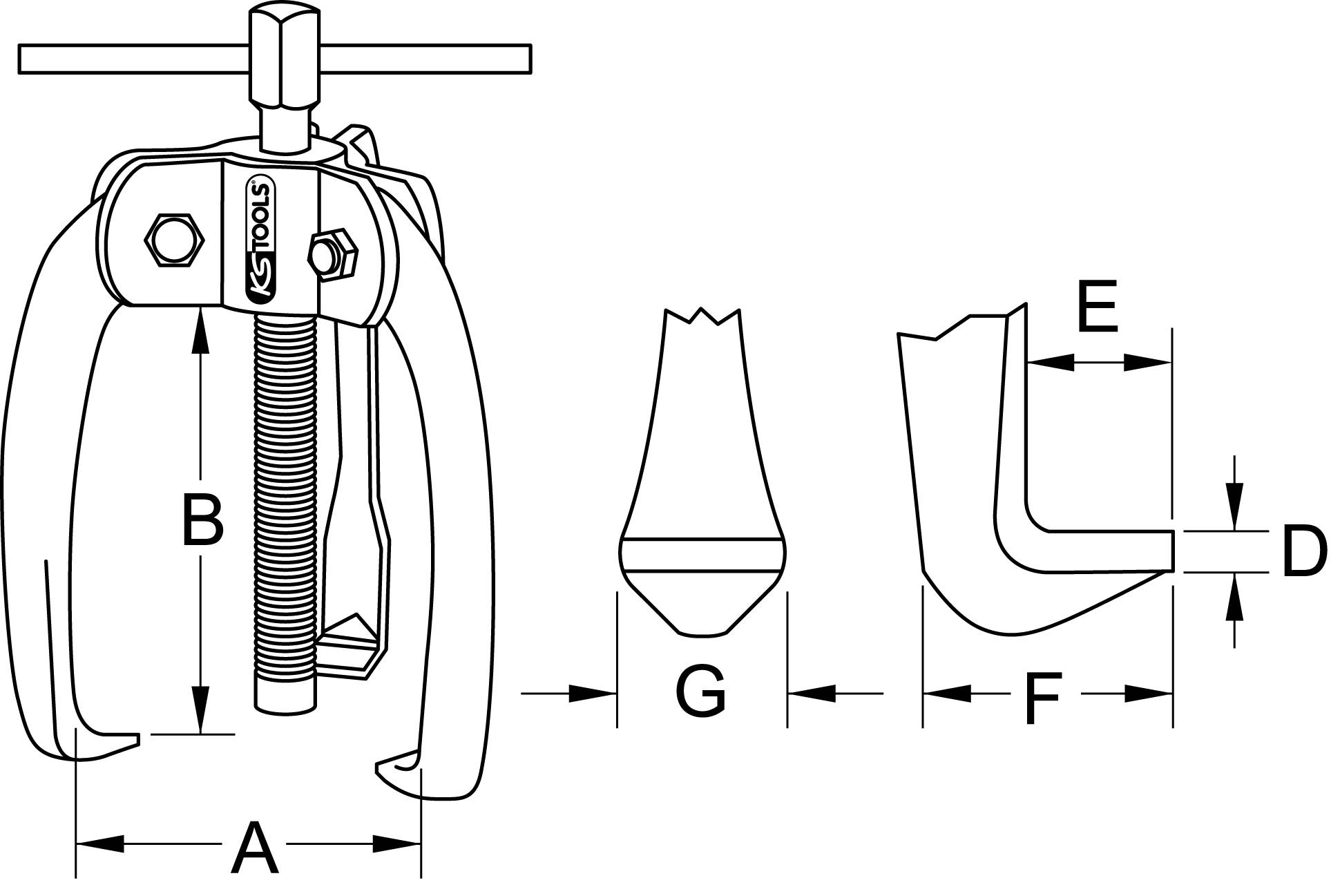 Mechanische Skizze eines Abziehers mit technischen Maßen: A, B, D, E, F, G. Zeigt Details der Struktur und wichtiger Teile.