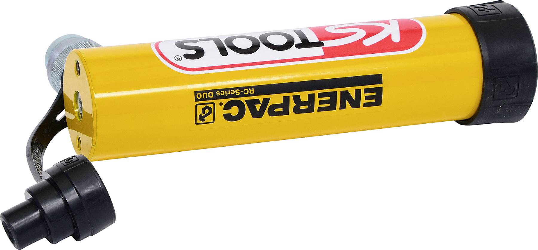 Gelber Enerpac Zylinder mit schwarzem Verschluss, RCS-Serie, liegend positioniert.