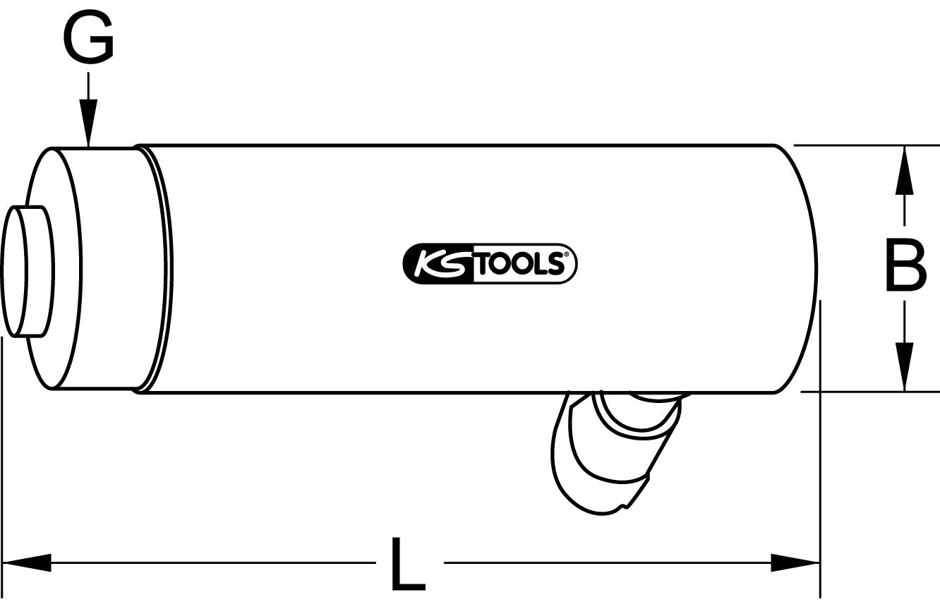 Technische Zeichnung eines zylindrischen Werkzeugs mit 'KS TOOLS'-Logo in der Mitte. Beschriftet mit Maßen G, L und B.