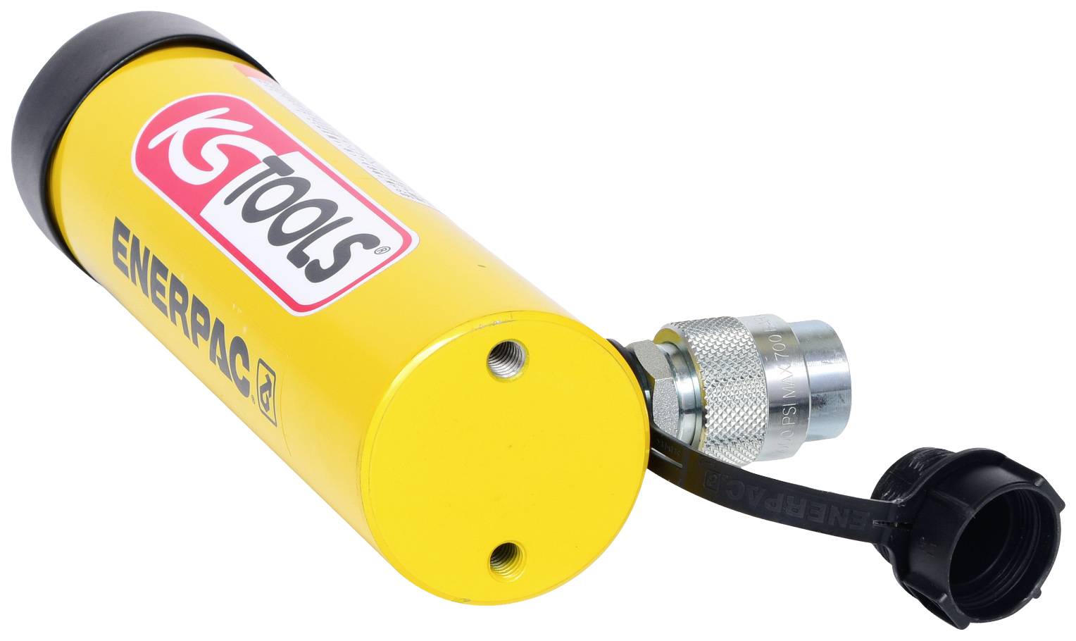 Gelber hydraulischer Zylinder von Enerpac mit KS Tools-Logo, schwarzer Schutzkappe und Metallanschluss; transportabel und robust.