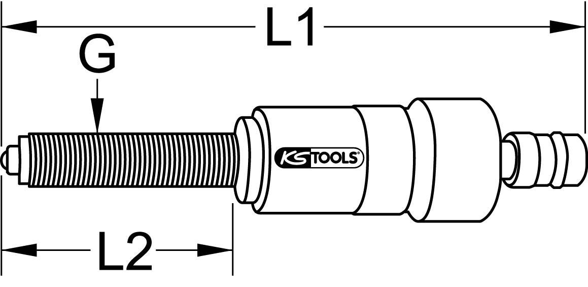 Schraubadapter mit Gewinde und KS Tools-Logo. Beschriftungen: L1, G, L2. Dient als Werkzeugteil oder Ersatzteil in mechanischen Anwendungen.