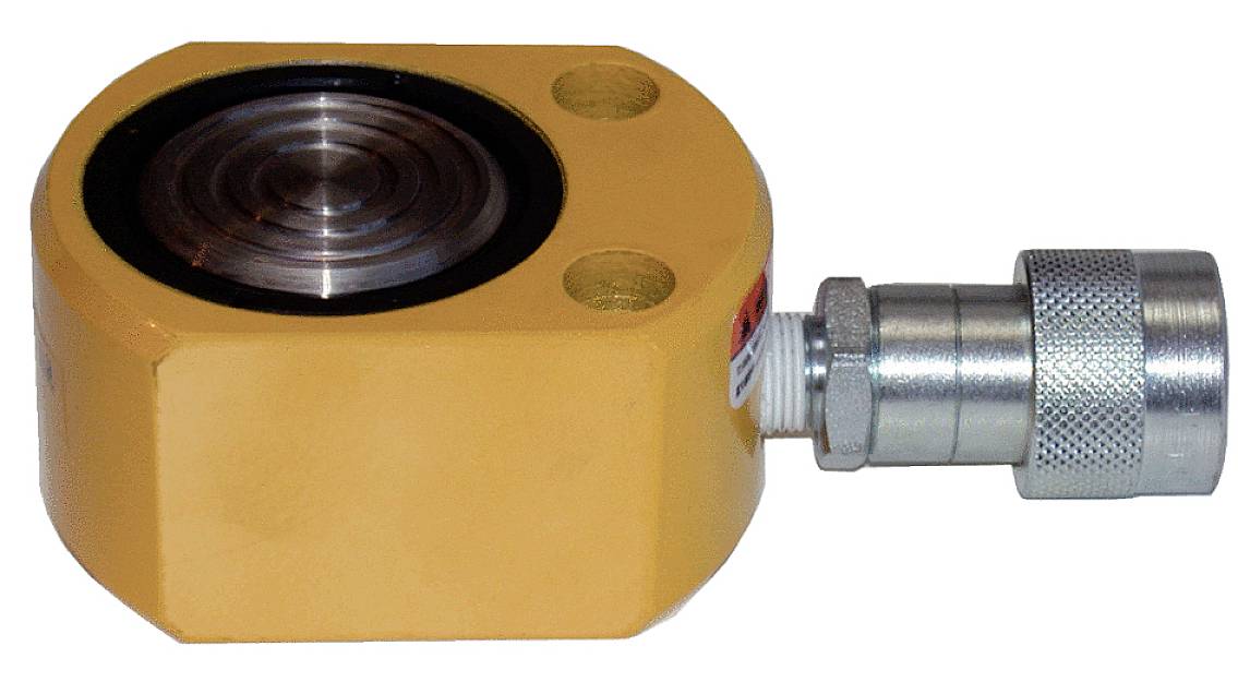 Ein gelber hydraulischer Druckaufnehmer mit einem Metallanschluss rechts. Verwendet zur Messung von Druckkräften in Maschinen.