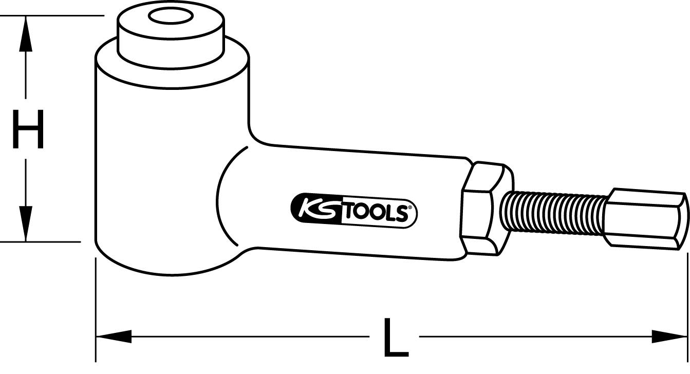 Schwarz-Weiß-Skizze eines Werkzeugs mit 'KS TOOLS'-Logo, zeigt Maße: Länge (L) und Höhe (H), sowie ein Gewinde an einem Ende.