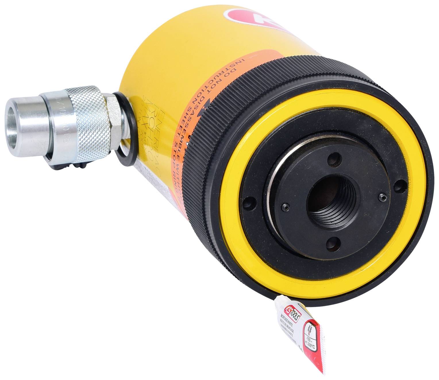 Hydraulikzylinder in Gelb und Schwarz mit einem Anschluss an der Seite. Ein Etikett zeigt relevante Produktspezifikationen.