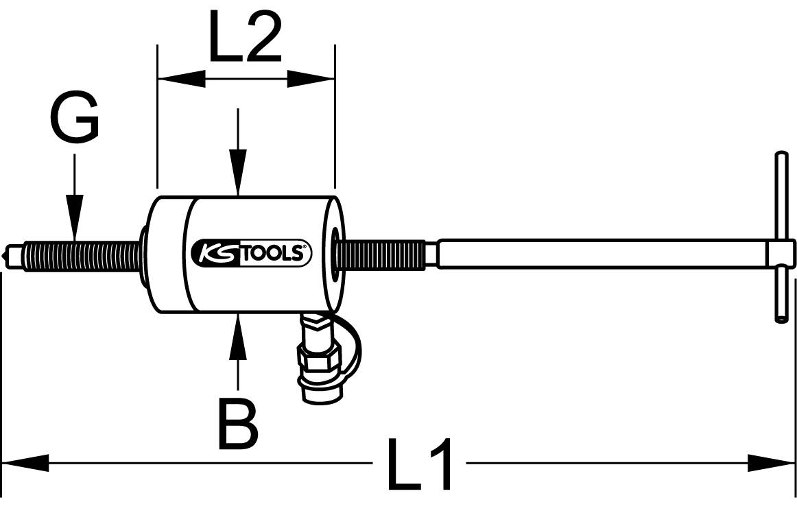Technische Zeichnung eines Ausziehhammers mit Maßangaben L1, L2, G, und B.